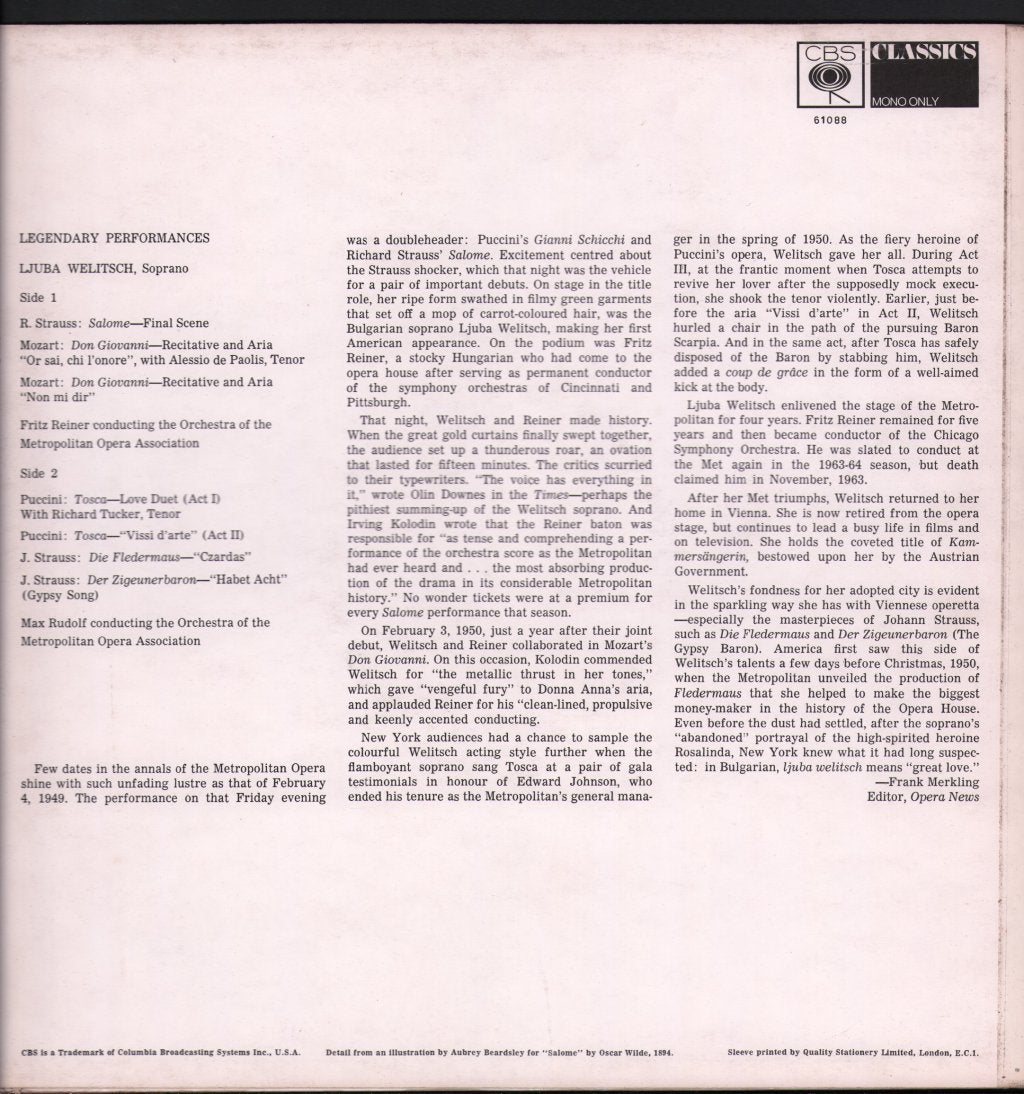 Ljuba Welitsch / Fritz Reiner / Max Rudolf - Final Scene From Salome And Other Arias - Lp