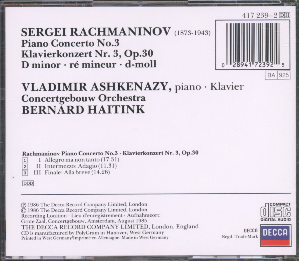 Vladimir Ashkenazy / Concertgebouw Orchestra / Bernard Haitink - Rachmaninov - Piano Concerto No. 3 = Klavierkonzert Nr. 3 - Cd
