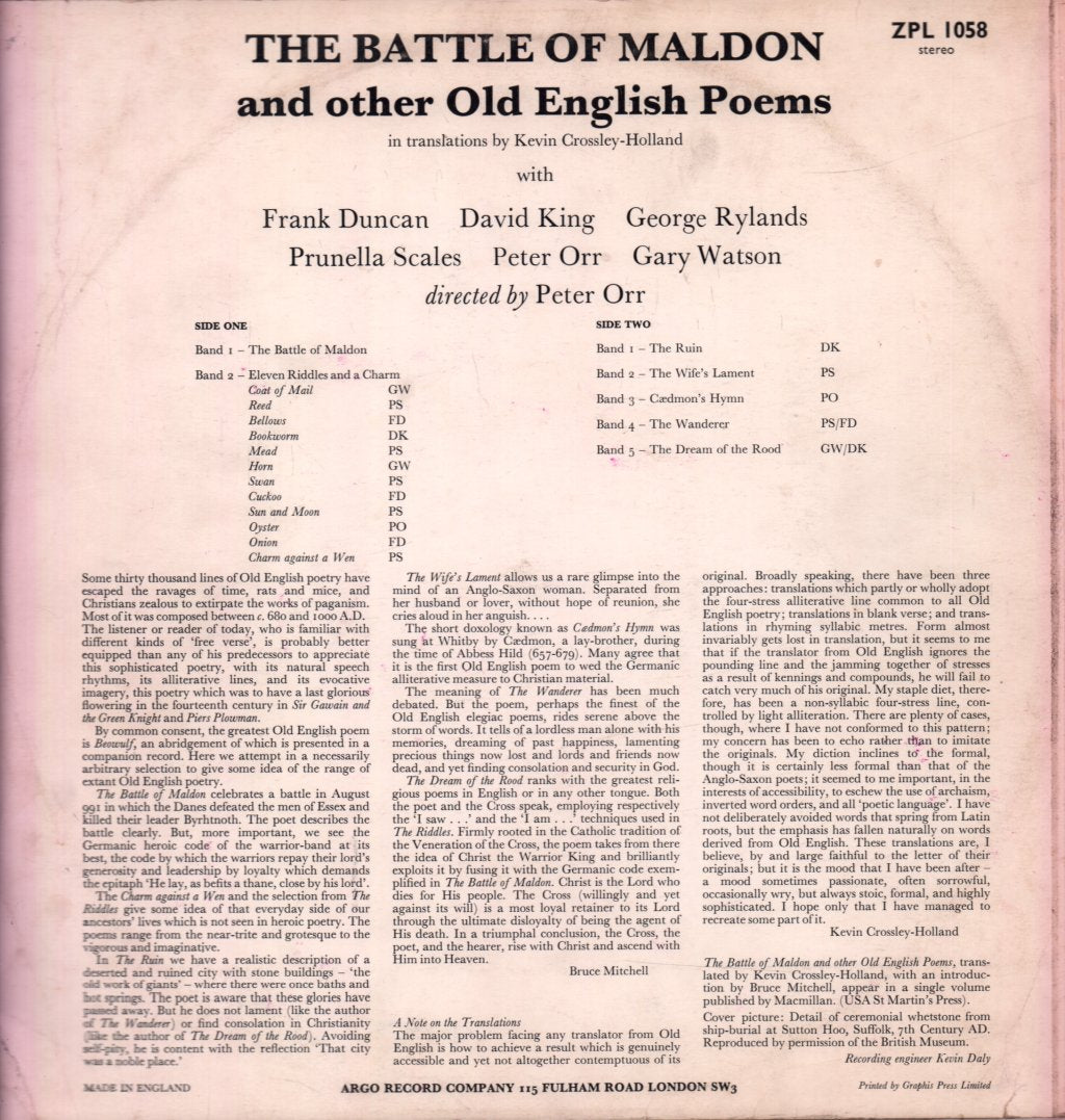 Frank Duncan, David King , Peter Orr, George Rylands, Gary Watson - Battle Of Maldon And Other Old English Poems - Lp