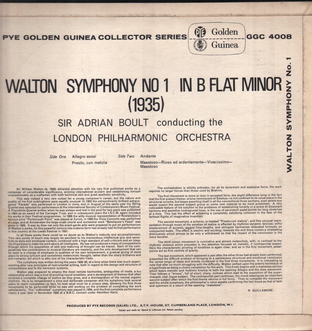 Sir Adrian Boult / London Philharmonic Orchestra - Walton - Symphony No. 1 In B Flat Minor - Lp