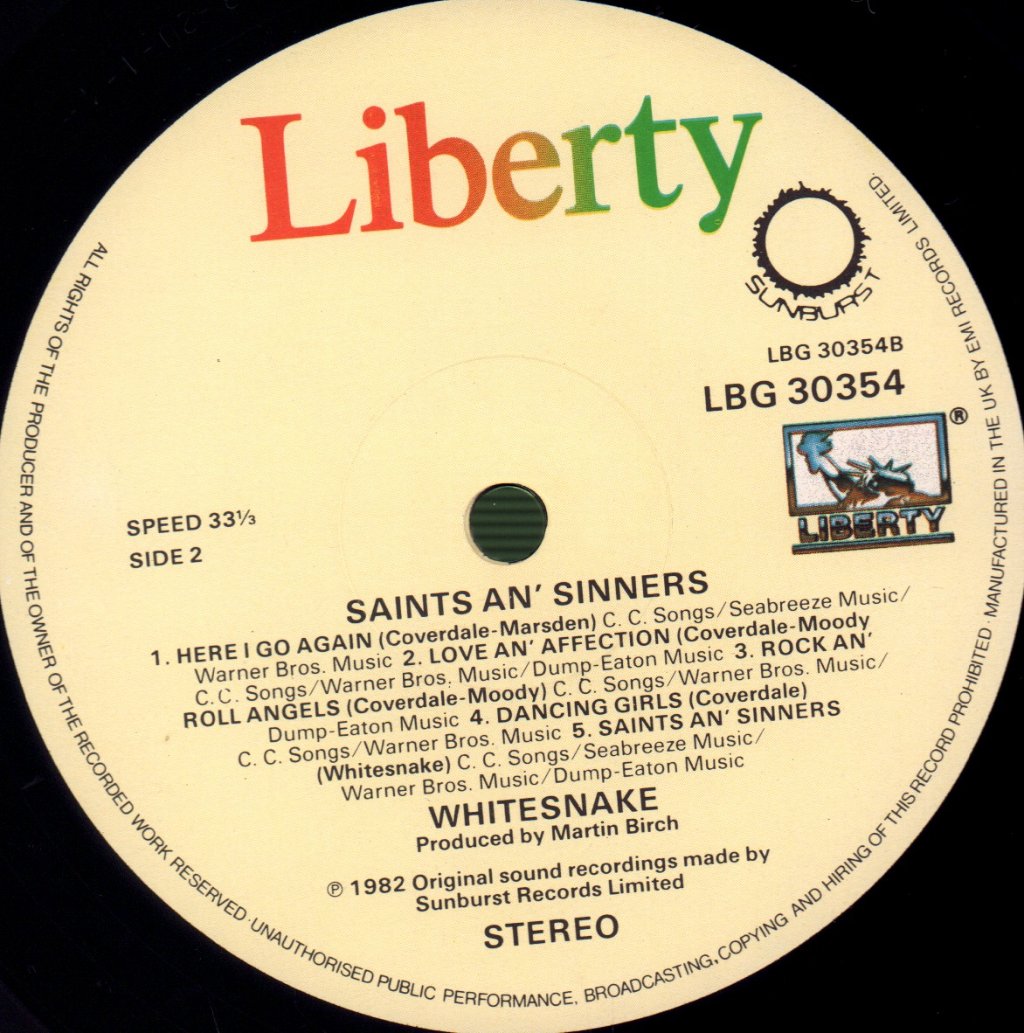 WHITESNAKE★Saints An' Sinners UK Liberty Whitesnake - Saints And Sinners - Lp – Vinyl Tap