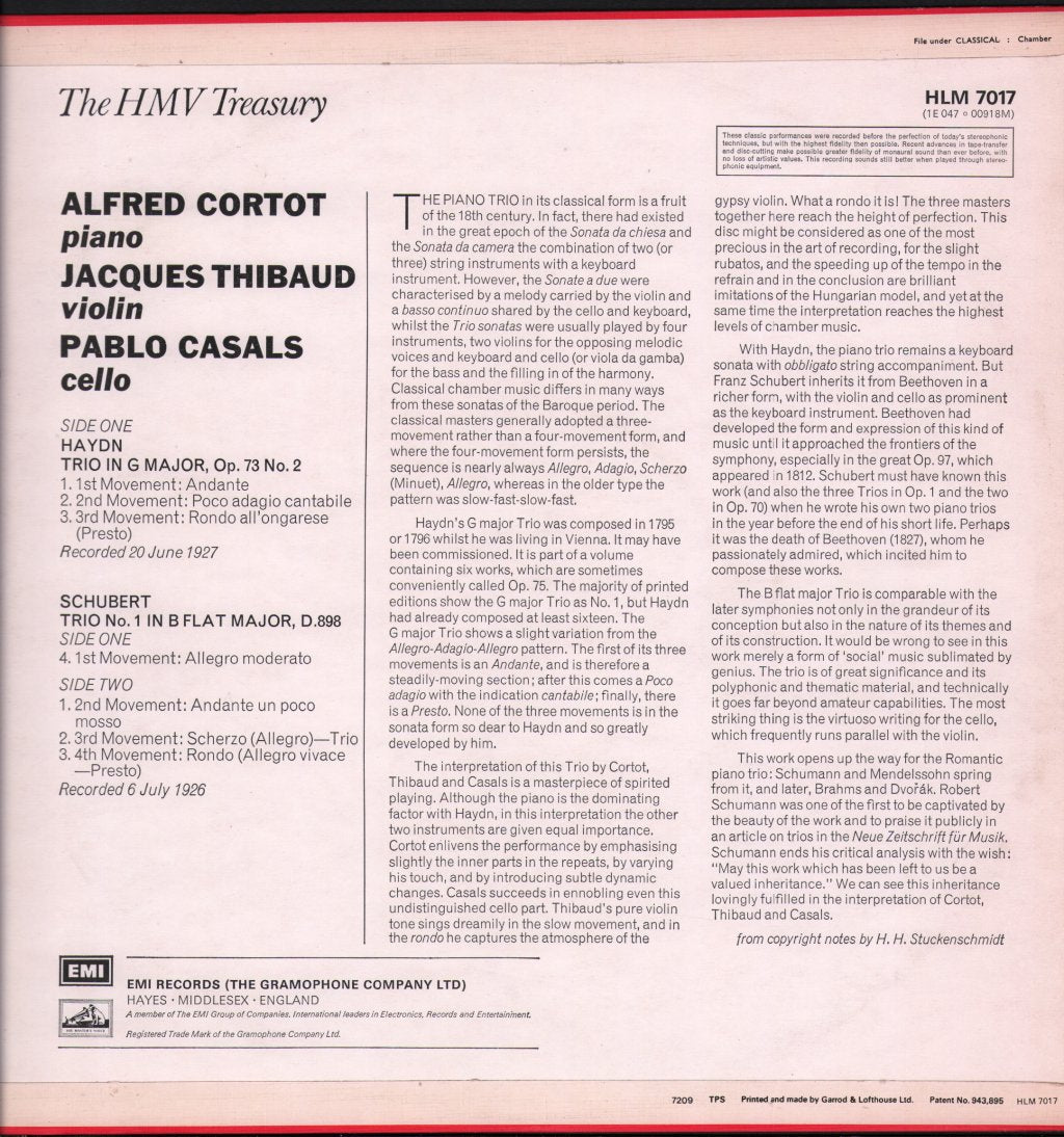 Cortot/Thibaud/Casals - Schubert Trio No 1 In B Flat - Lp