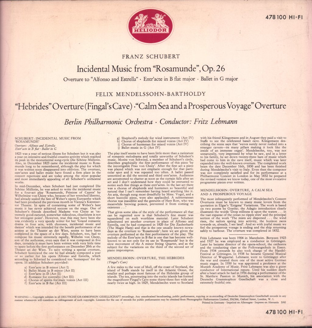 Berlin Philharmonic Orchestra - Incidental Music From Rosamunde Op.26 - Lp