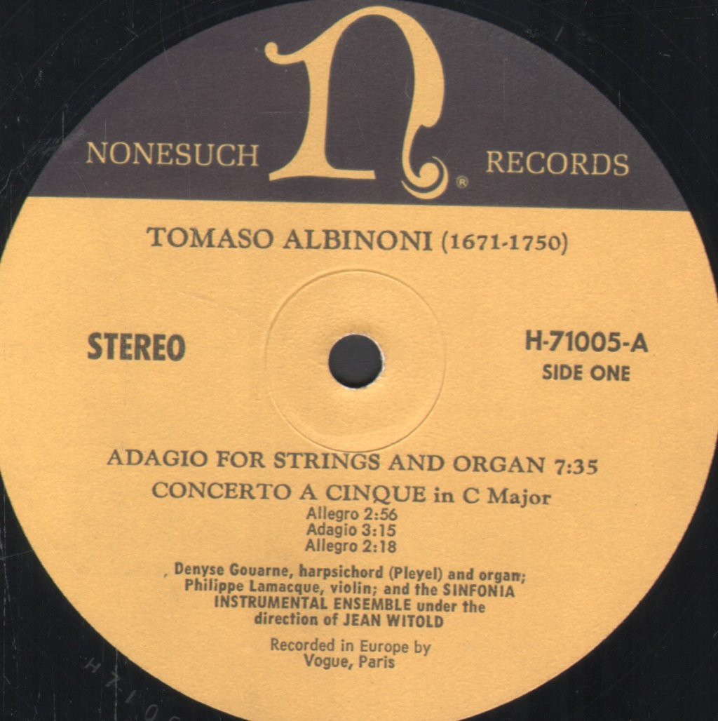 Sinfonia Instrumental Ensemble / Jean Witold - Tomaso Albinoni - Adagio For Strings And Organ - Lp