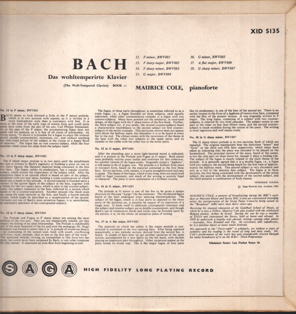 Maurice Cole - J.S. Bach - Das Wohltemperirte Klavier (Vol 5) - Lp