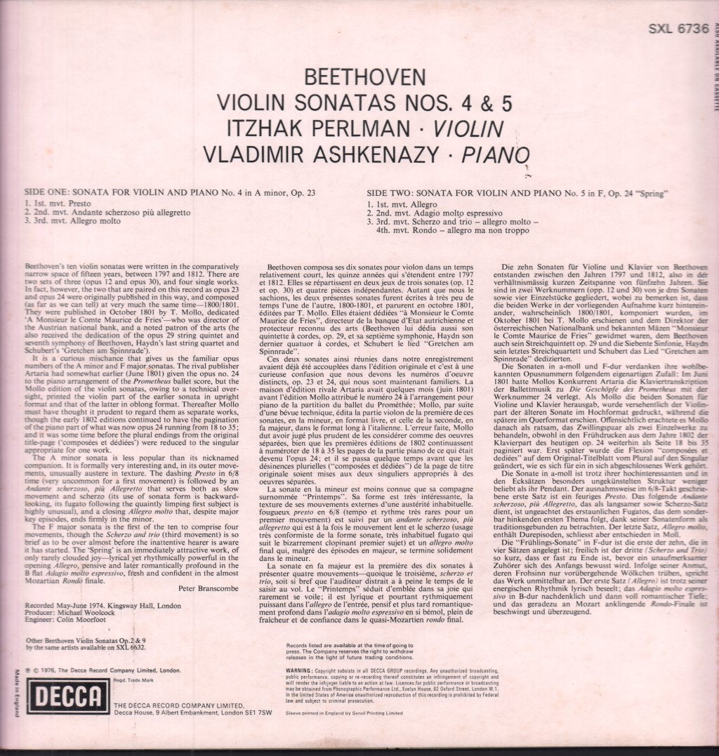 Itzhak Perlman And Vladimir Ashkenazy - Beethoven Violin Sonatas No.s 4 And 5 spring - Lp