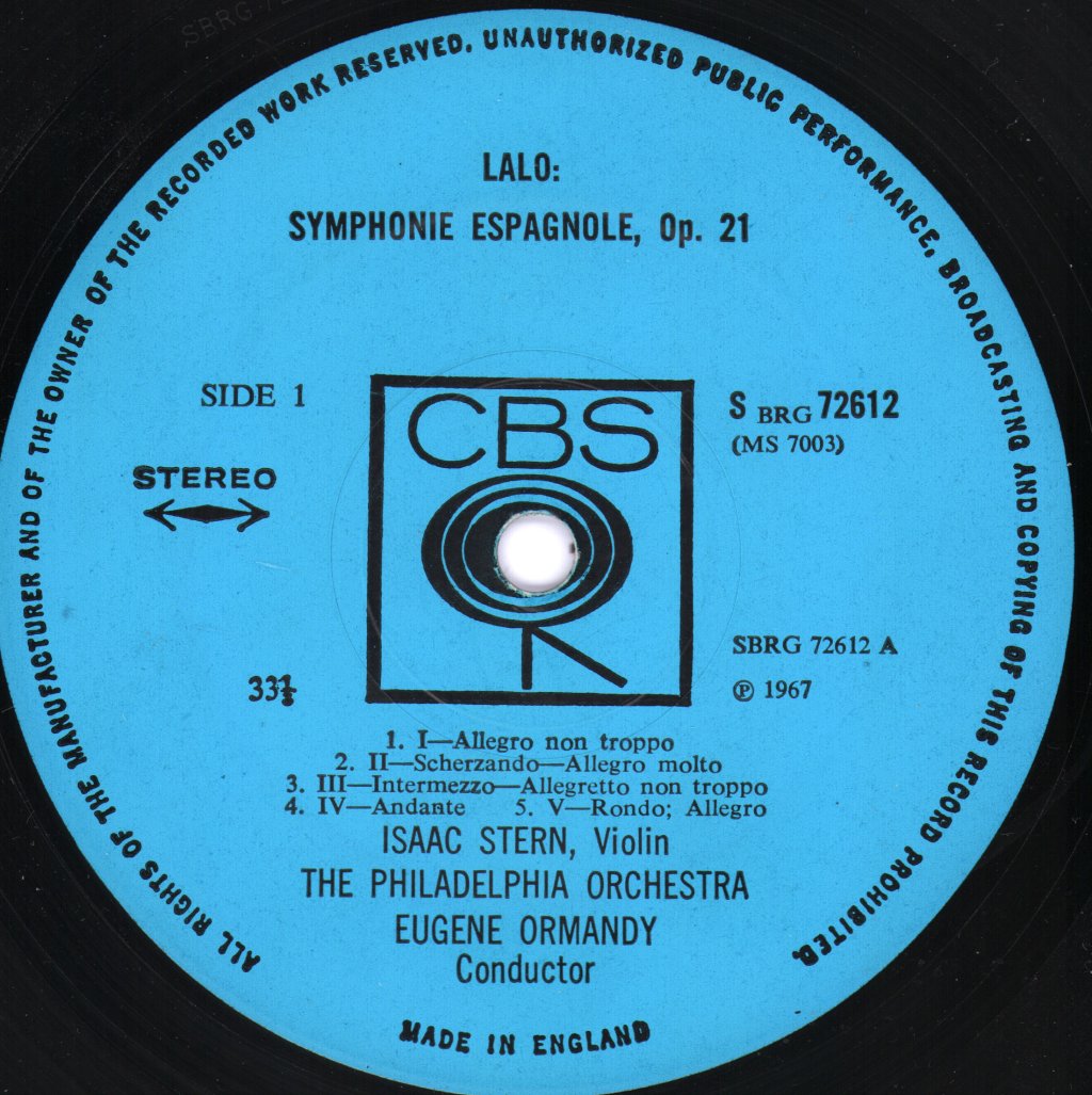 Isaac Stern / Eugene Ormandy / Philadelphia Orchestra - Lalo - Violin Konzert Nr. 1 G-Moll, Op. 26 / Symphonie Espagnole, Op. 21, - Lp