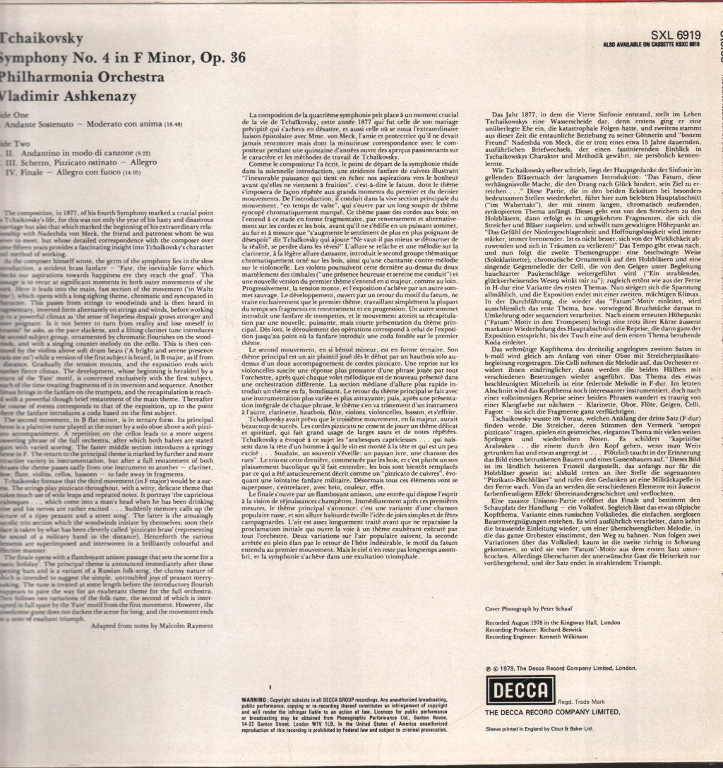 Vladimir Ashkenazy / Philharmonia Orchestra - Tchaikovsky - Symphony No.4 - Lp