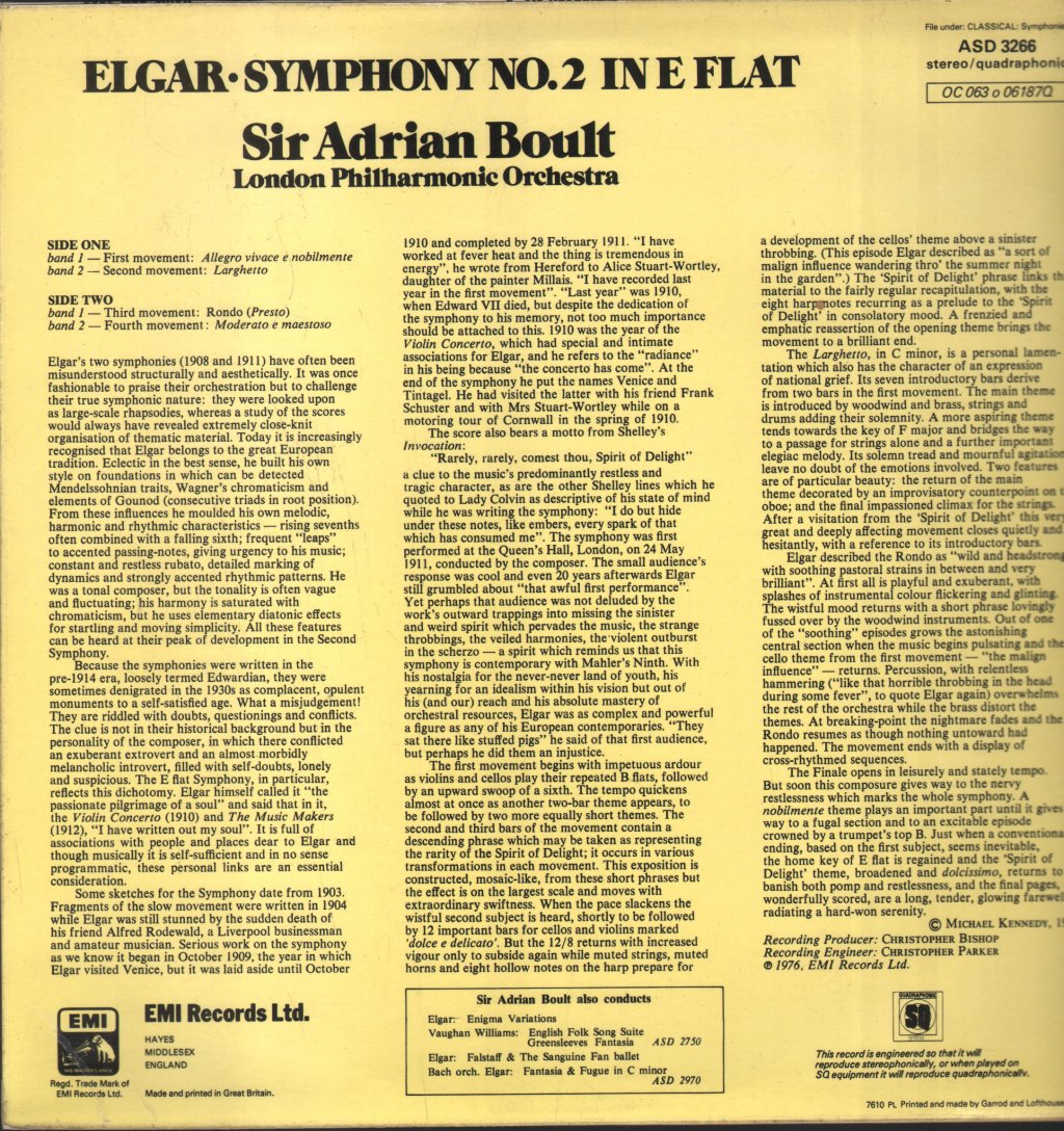 Sir Adrian Boult / London Philharmonic Orchestra - Elgar Symphony No.2 - Lp