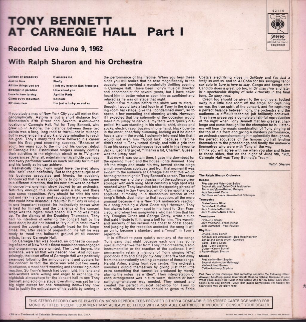 Tony Bennett - At Carnegie Hall Part I - Lp