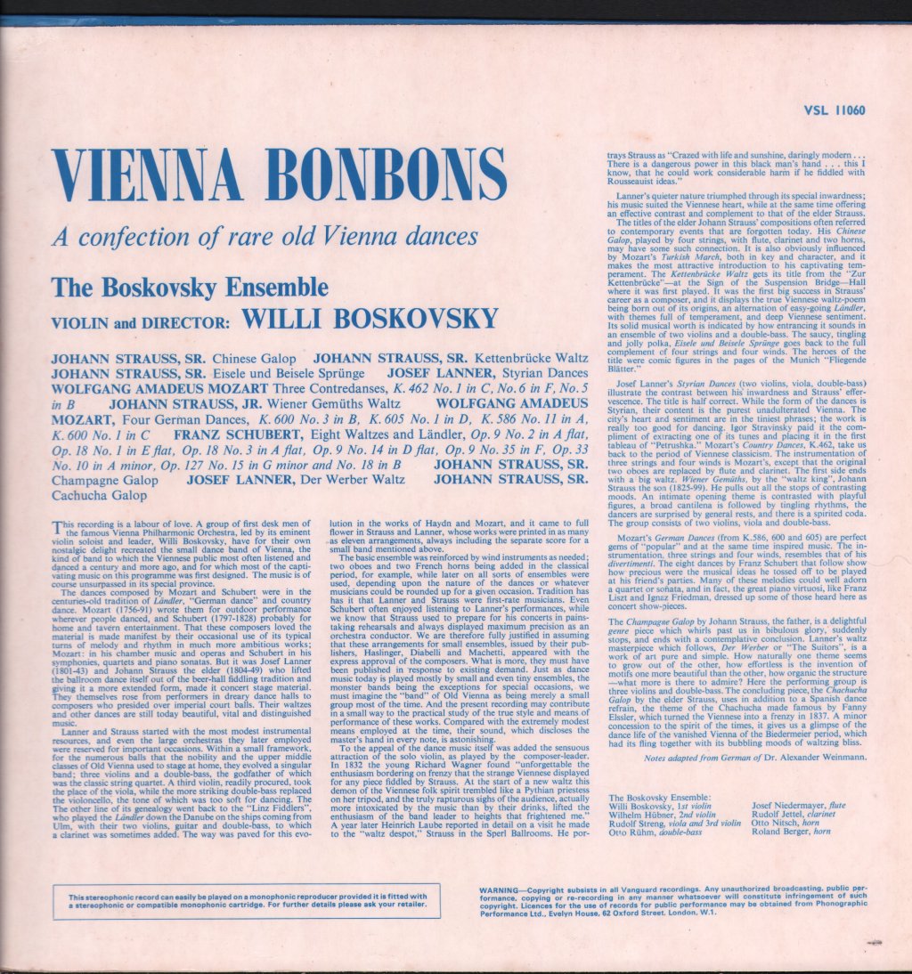 Boskovsky Ensemble / Willi Boskovsky - Vienna Bonbons: A Confection Of Rare Old Vienna Dances - Lp