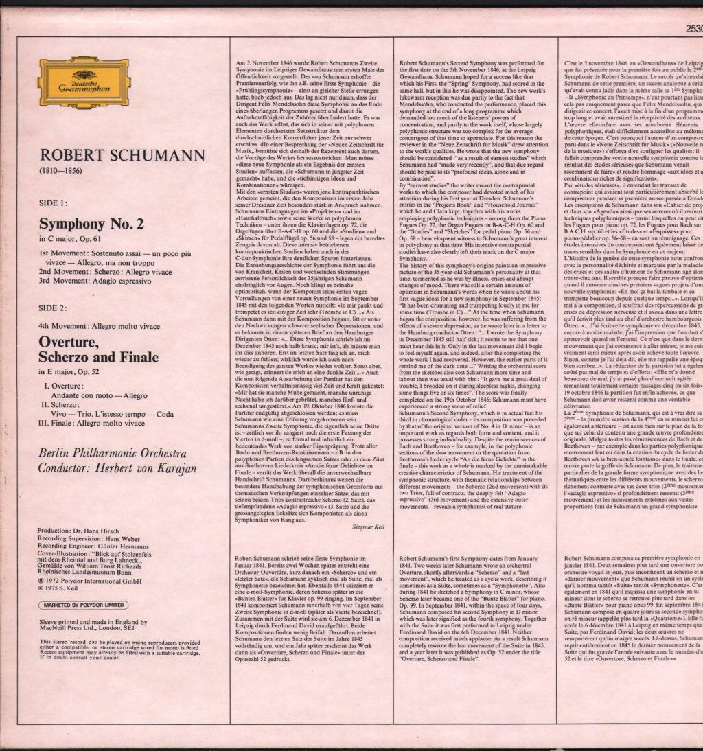 Herbert Von Karajan / Berlin Philharmonic Orchestra - Schumann - Symphony No.2 / Overture, Scherzo and Finale in E  Major, Op. 52 - Lp