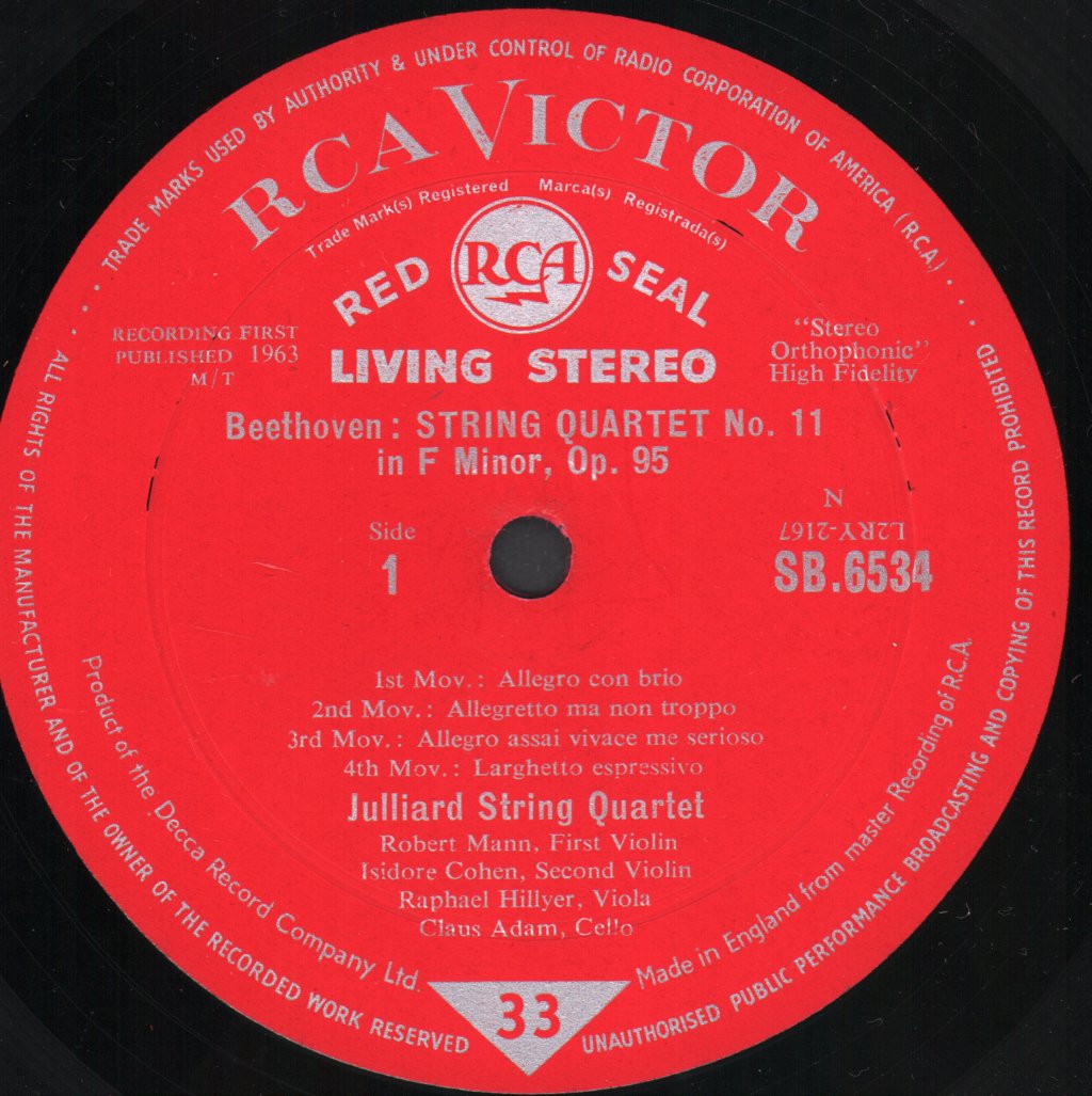 Juilliard String Quartet - Beethoven - Quartets In F Minor, Op. 95 · F Major, Op. 135 - Lp