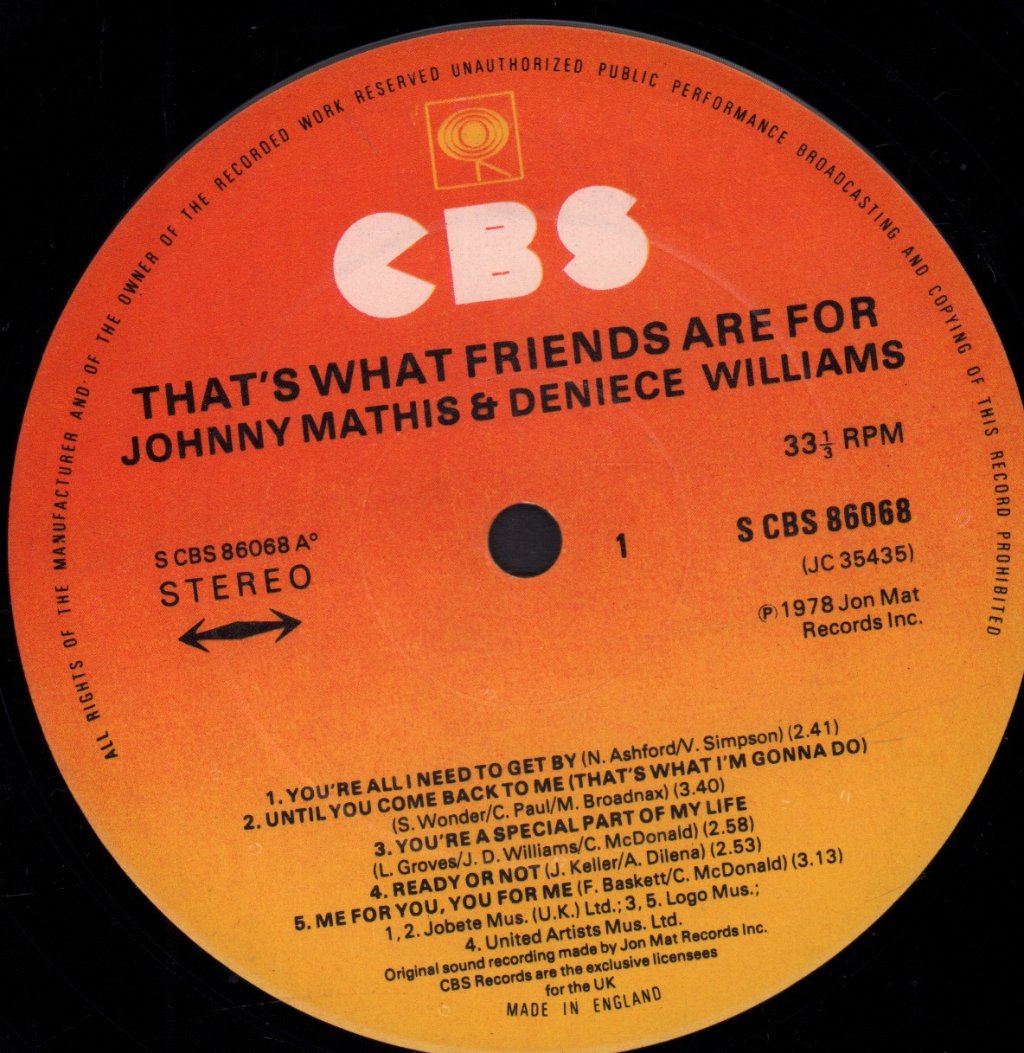 Johnny Mathis And Deniece Williams - That's What Friends Are For - Lp