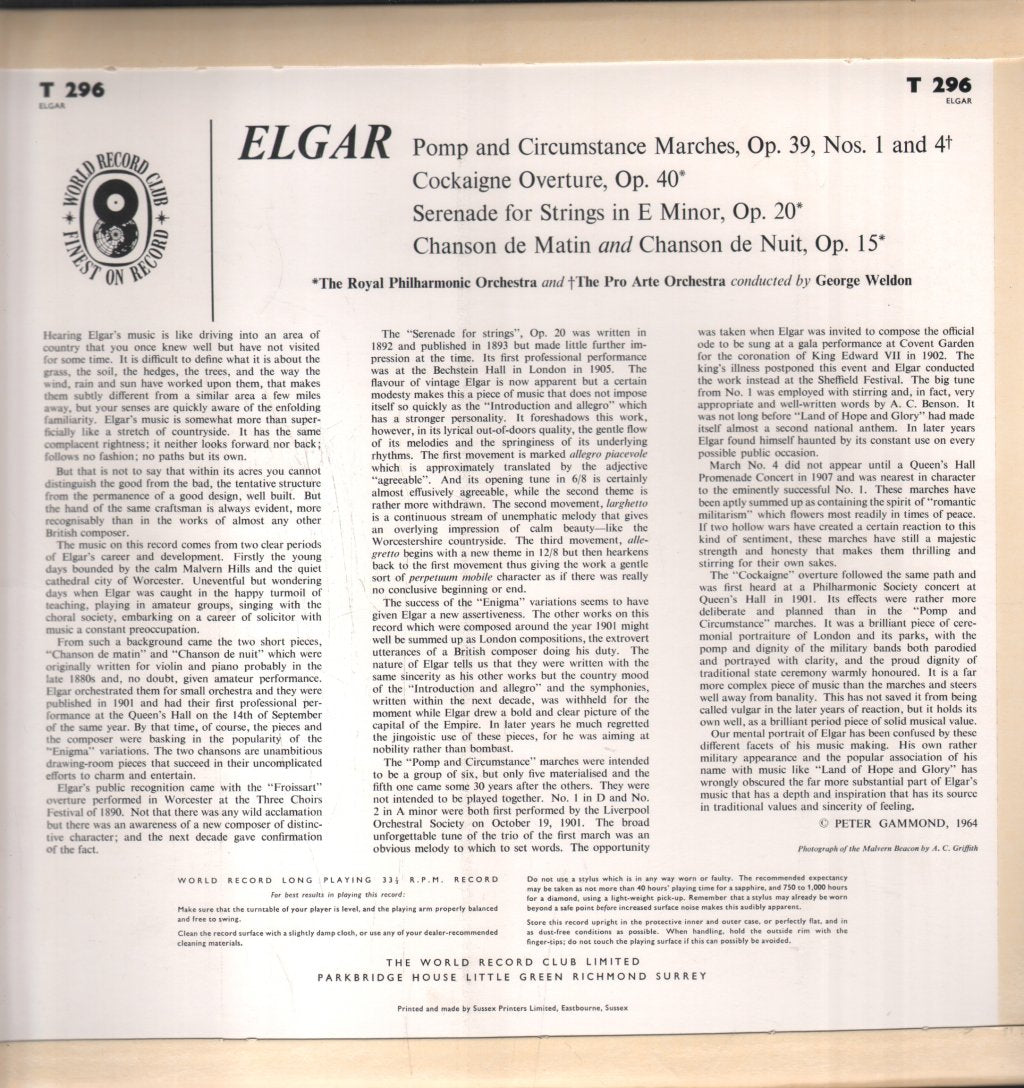 George Weldon / Royal Philharmonic / Pro Arte Orchestra - Conducts Elgar - Lp