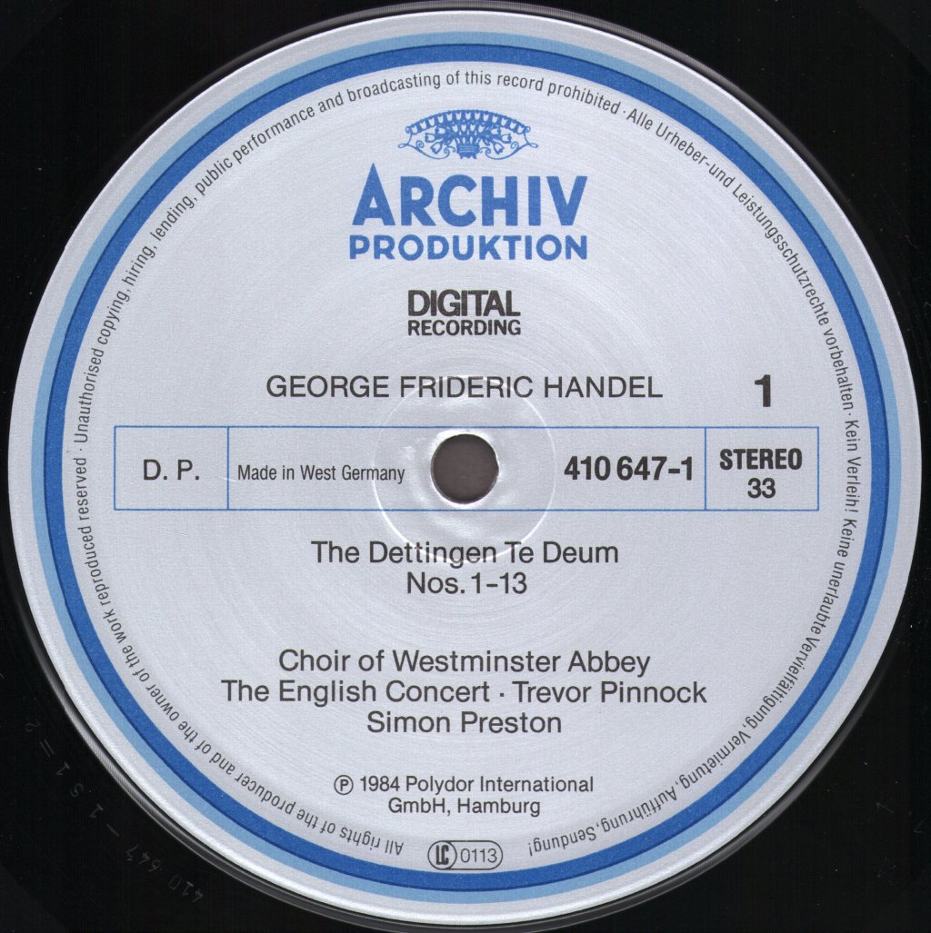 Simon Preston / Choir Of Westminster Abbey / English Concert / Trevor Pinnock - George Frideric Handel - Dettingen Te Deum / Dettingen Anthem - Lp
