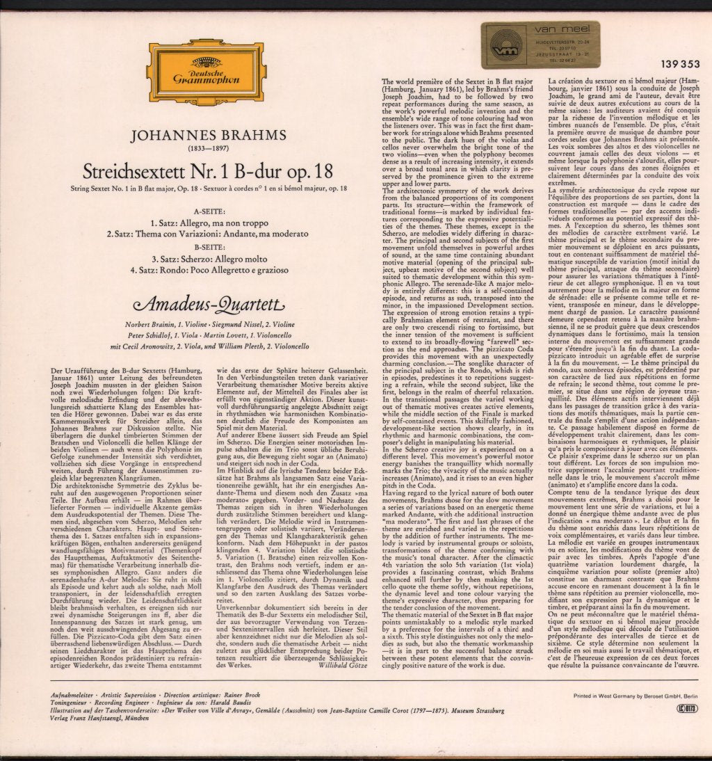 Amadeus-Quartett / Cecil Aronowitz / William Pleeth - Johannes Brahms - Streichsextett Nr. 1 B-dur Op. 18 - Lp