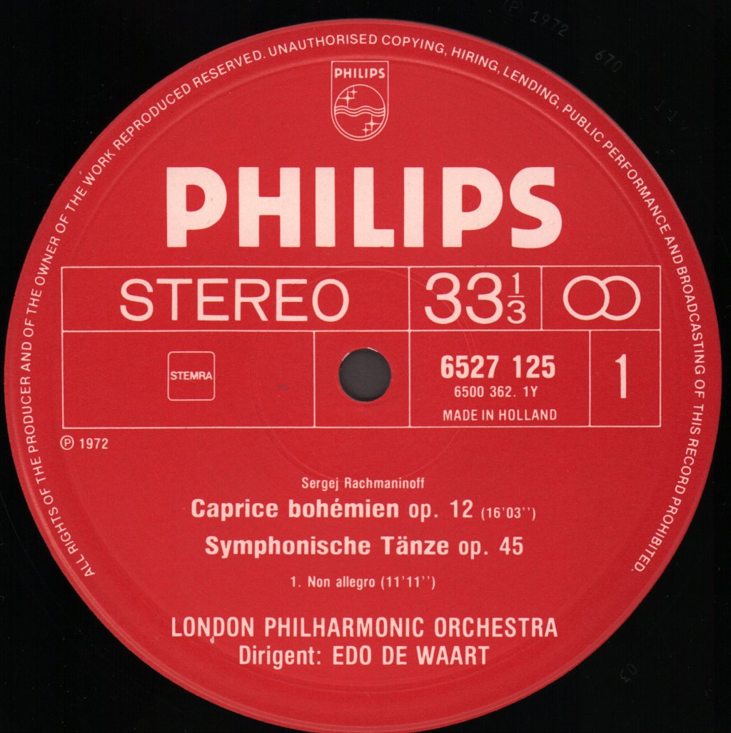 Edo de Waart / London Philharmonic Orchestra - Rachmaninoff - Symphonic Dances, Caprice Bohemien - Lp
