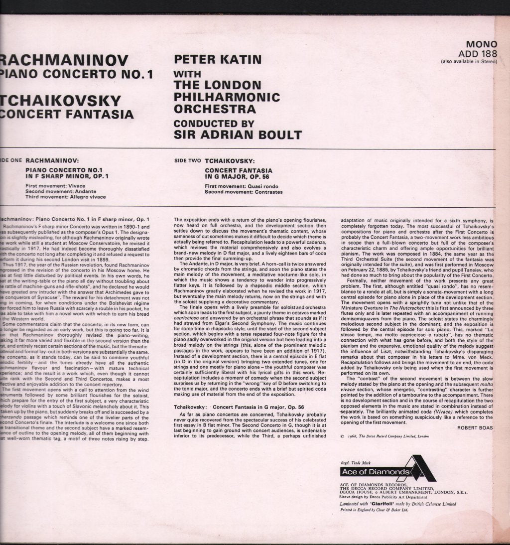 Peter Katin / London Philharmonic Orchestra / Sir Adrian Boult - Rachmaninov - Piano Concerto No. 1 / Tchaikovsky - Concert Fantasia - Lp