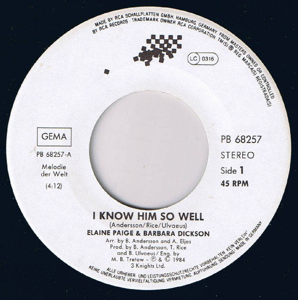 Elaine Paige And Barbara Dickson - I Know Him So Well - 7 Inch