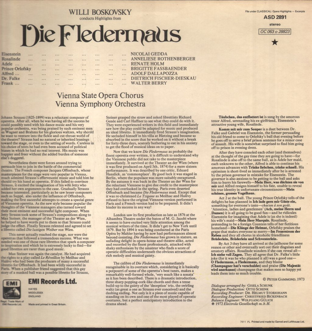 Willi Boskovsky / Anneliese Rothenberger / Dietrich Fischer-Dieskau / Nicolai Gedda - Johann Strauss - Die Fledermaus Highlights - Lp