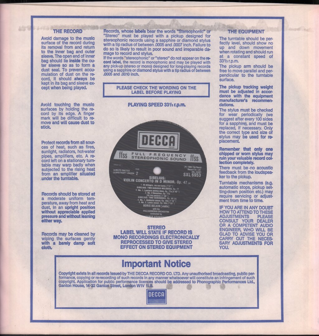 Boris Belkin / Vladimir Ashkenazy / Philharmonia Orch. - Sibelius Violin Concerto / Two Serious Melodies - Lp