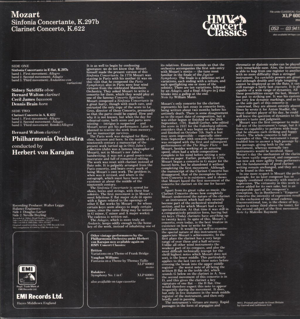 Herbert Von Karajan / Philharmonia Orchestra - Mozart - Sinfonia Concertant in E flat / Clarinet Concerto - Lp