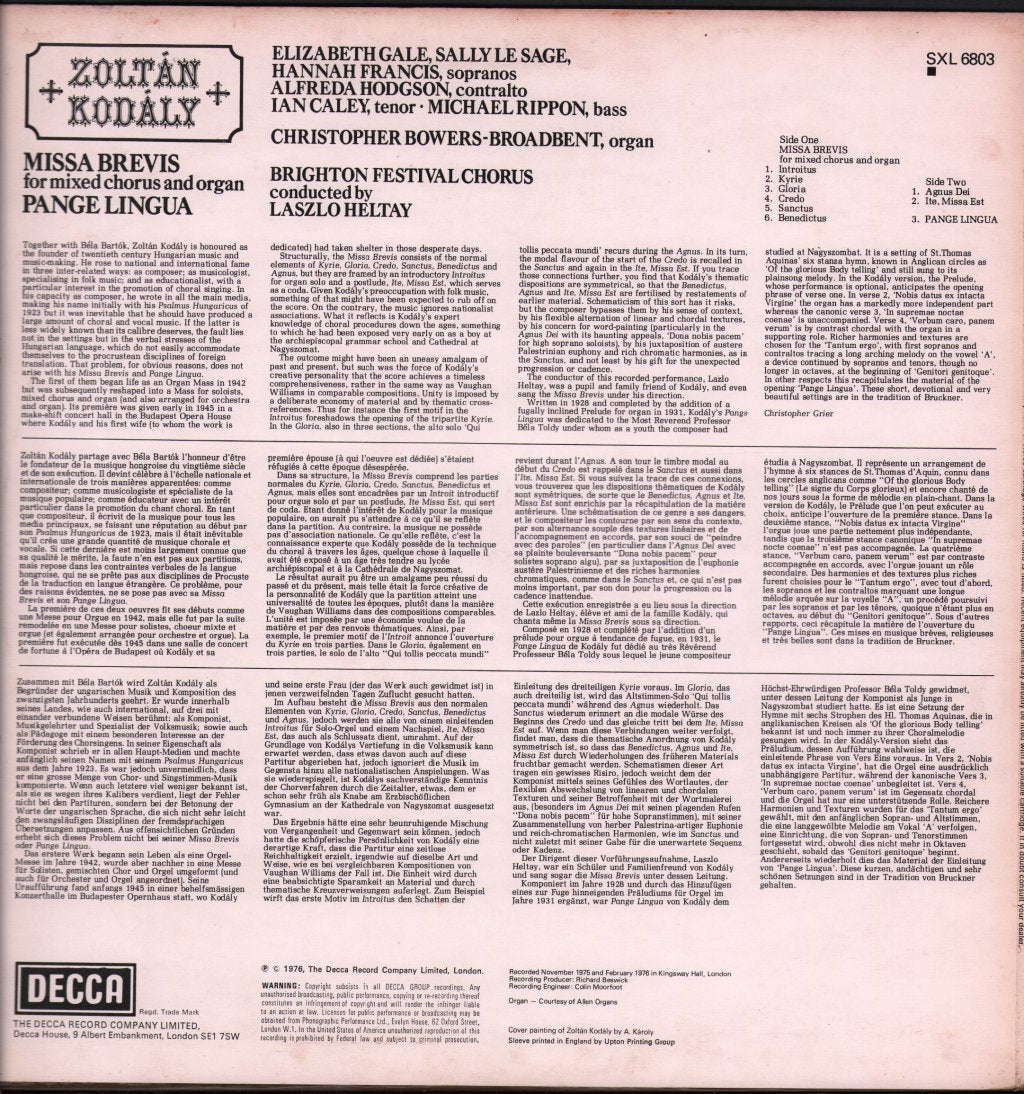 Brighton Festival Chorus / Laszlo Heltay - Kodaly - Missa Brevis / Pange Lingua - Lp