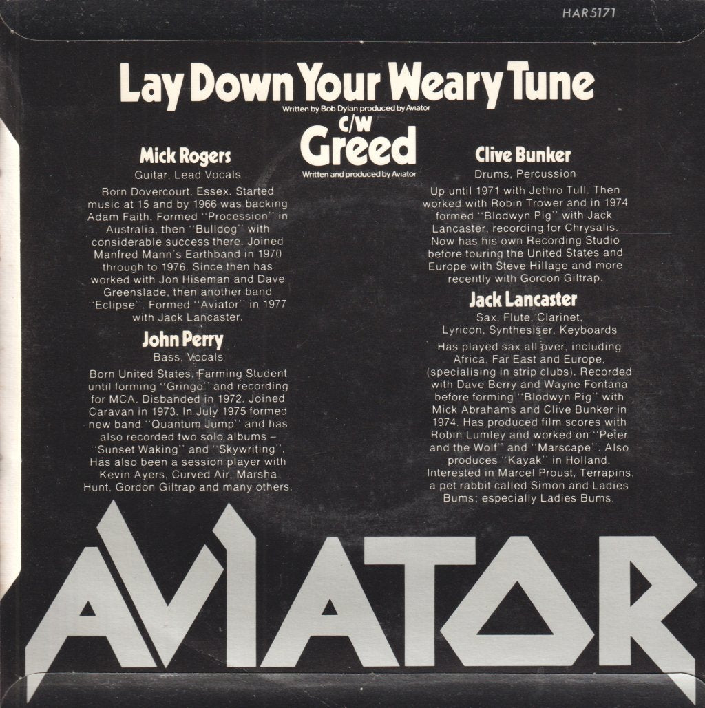 Aviator (Rock/Prog Group) - Lay Down Your Weary Tune - 7 Inch