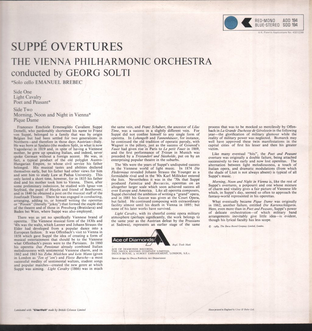 Georg Solti / Vienna Philharmonic Orchestra - Suppé Overtures - Light Cavalry / Poet & Peasant - Lp