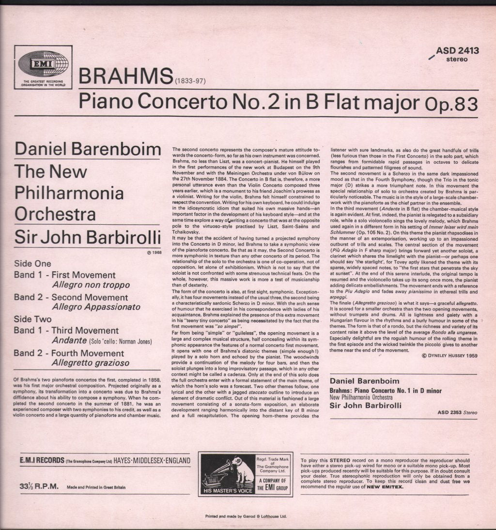 Daniel Barenboim / New Philharmonia / Sir John Barbirolli - Brahms - Piano Concerto No.2 In B Flat - Lp