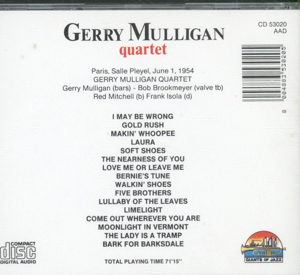 Gerry Mulligan Quartet - Paris, Salle Pleyel, June 1, 1954 - Cd