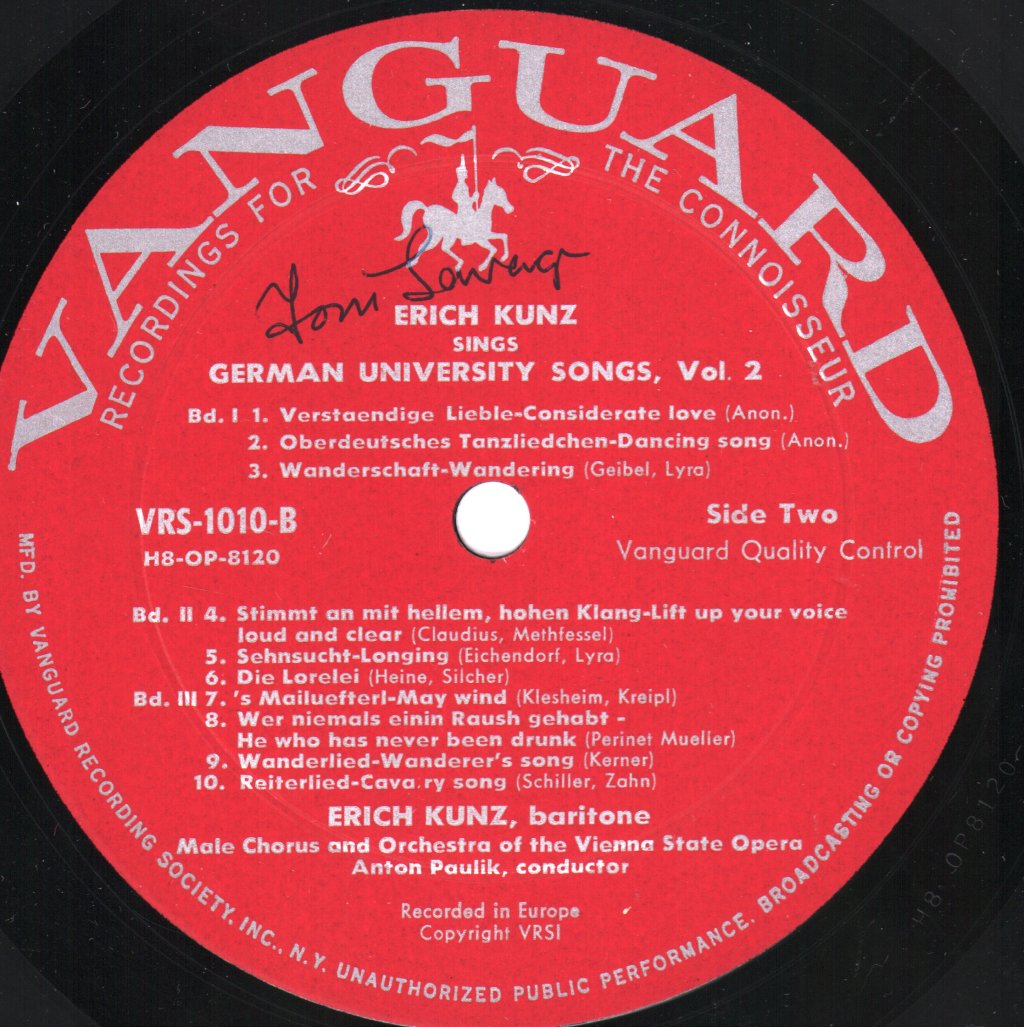 Erich Kunz - Erich Kunz Sings German University Songs Of Wooing, Wit And Wanderlust, Vol. 2 - Lp