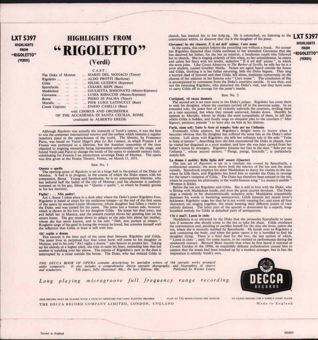 Hilde Gueden / Giulietta Simionato / Mario del Monaco / Aldo Protti / Alberto Erede - Verdi - Highlights From Rigoletto - Lp