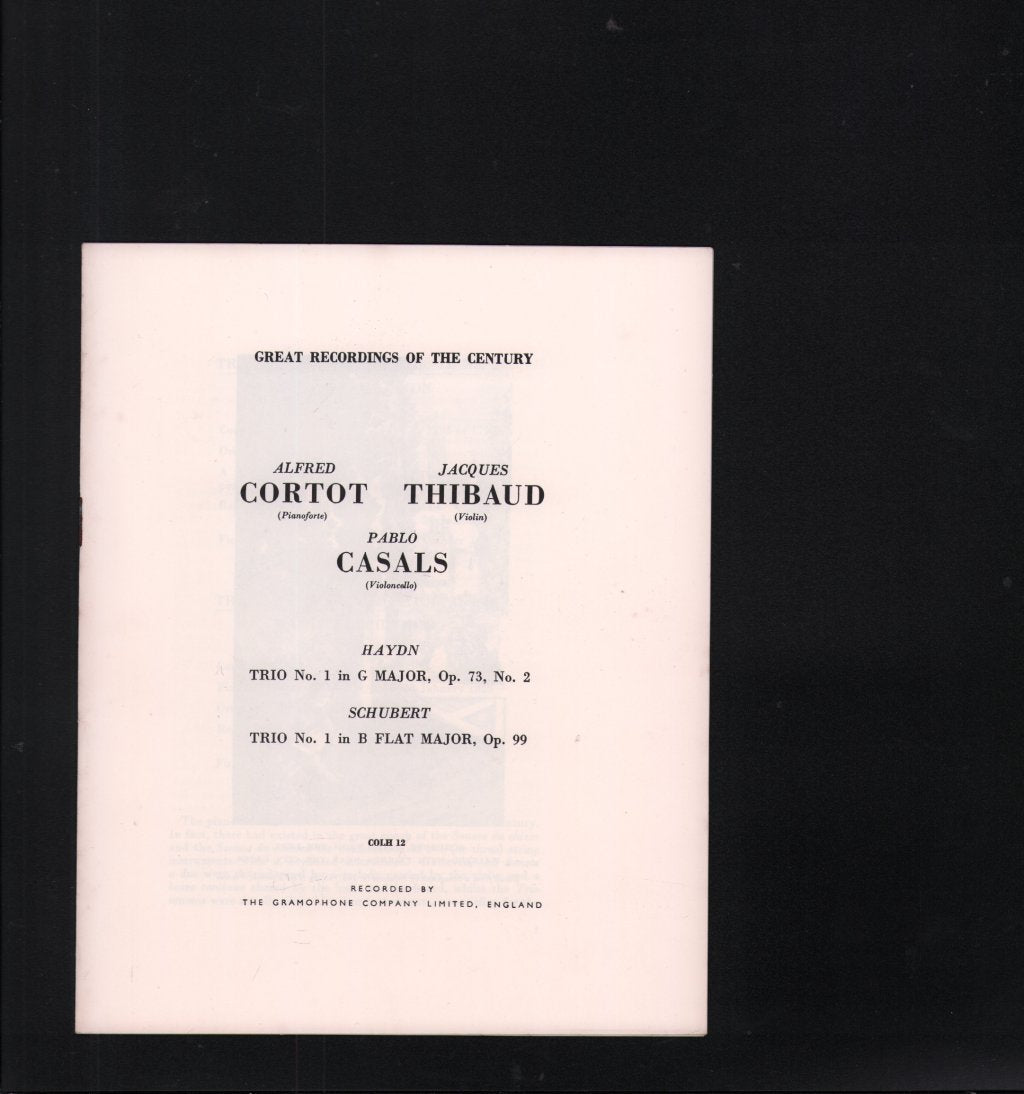 Alfred Cortot / Jacques Thibaud / Pablo Casals - Schubert - Trio In G Major, Op. 73, No. 2 / Haydn - Trio In B Flat Major, Op. 99 Schubert - Lp