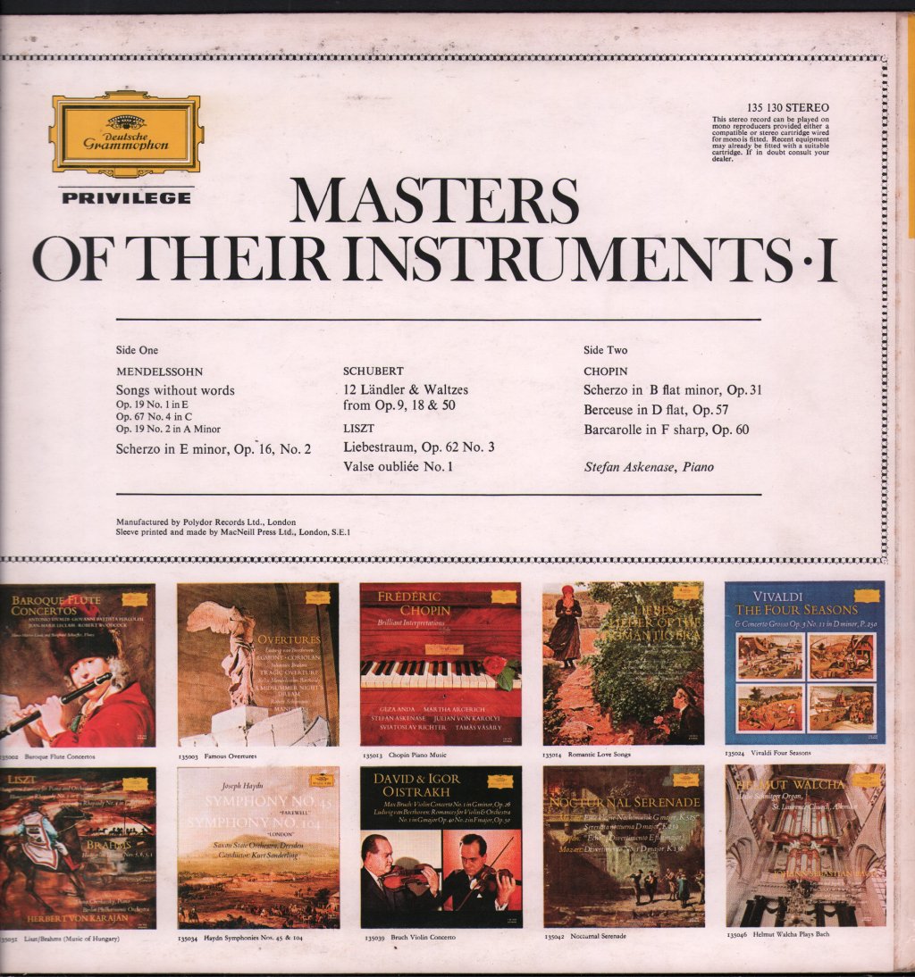 Stefan Askenase - Masters Of Their Instruments I - Stefan Askenase Plays Mendelssohn / Schubert / Liszt / Chopin - Lp