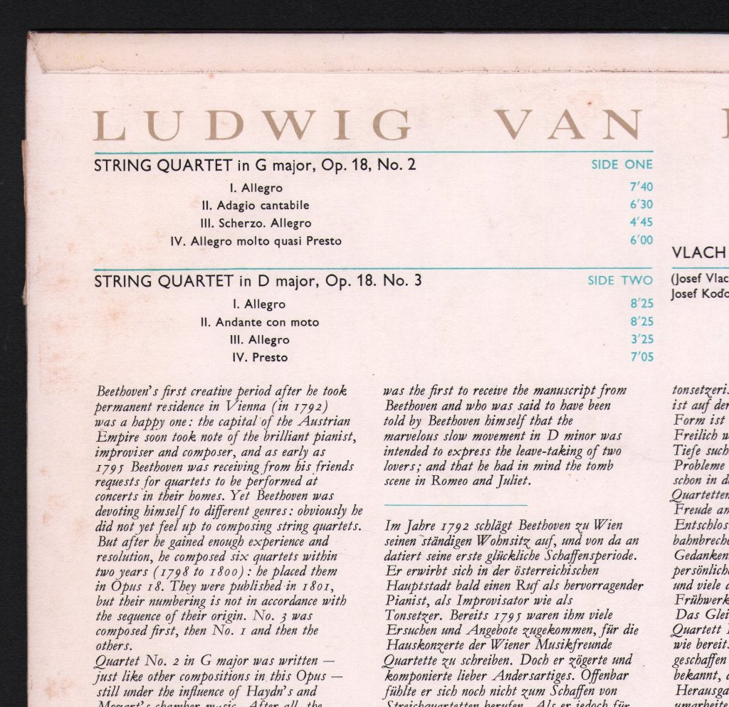 Vlach Quartet - Beethoven String Quartets, Opus 18, No 2 and 3 - Lp