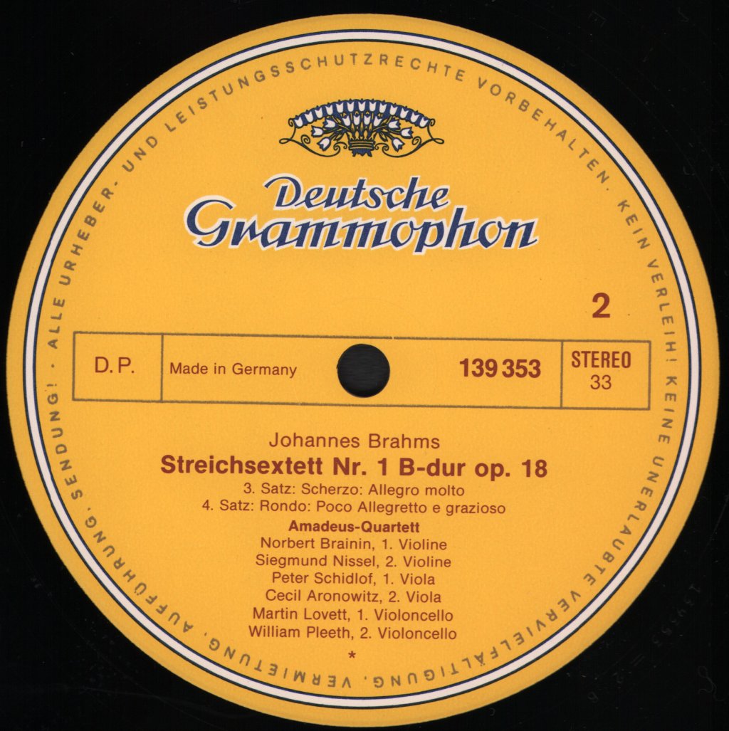 Amadeus-Quartett / Cecil Aronowitz / William Pleeth - Johannes Brahms - Streichsextett Nr. 1 B-dur Op. 18 - Lp