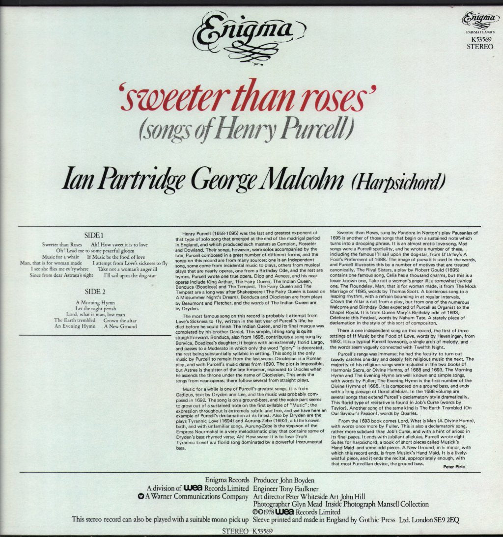 Ian Partridge / George Malcolm - Henry Purcell - Sweeter Than Roses (Songs Of Henry Purcell) - Lp