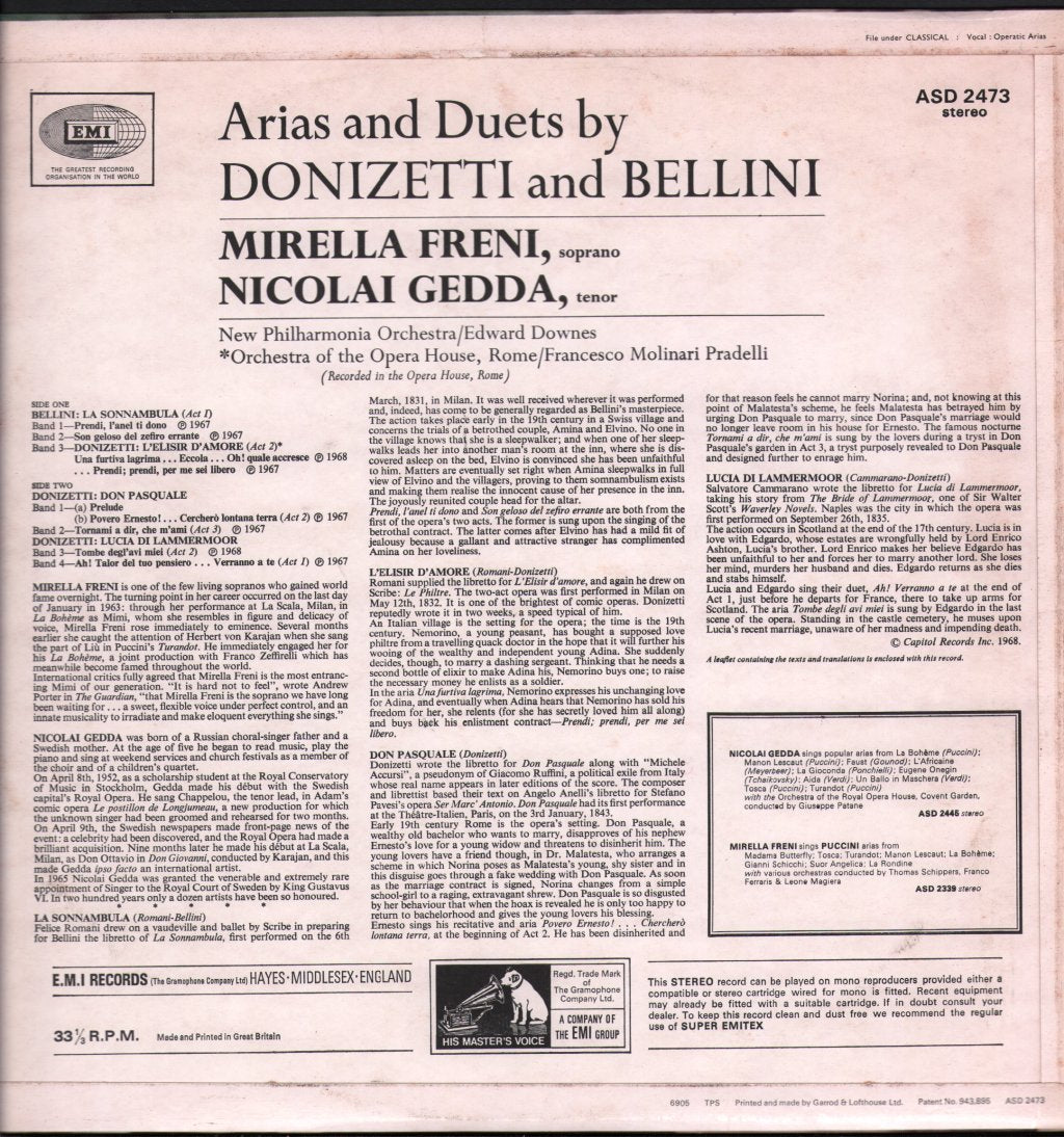 Mirella Freni / Nicolai Gedda - Donizetti & Bellini - Arias and Duos - Lp