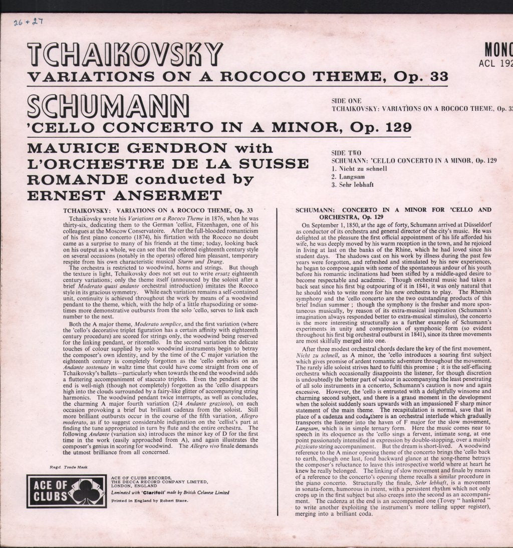 Maurice Gendron / Ernest Ansermet / Suisse Romande - Tchaikovsky - Rococo Variations / Schumann Cello - Lp