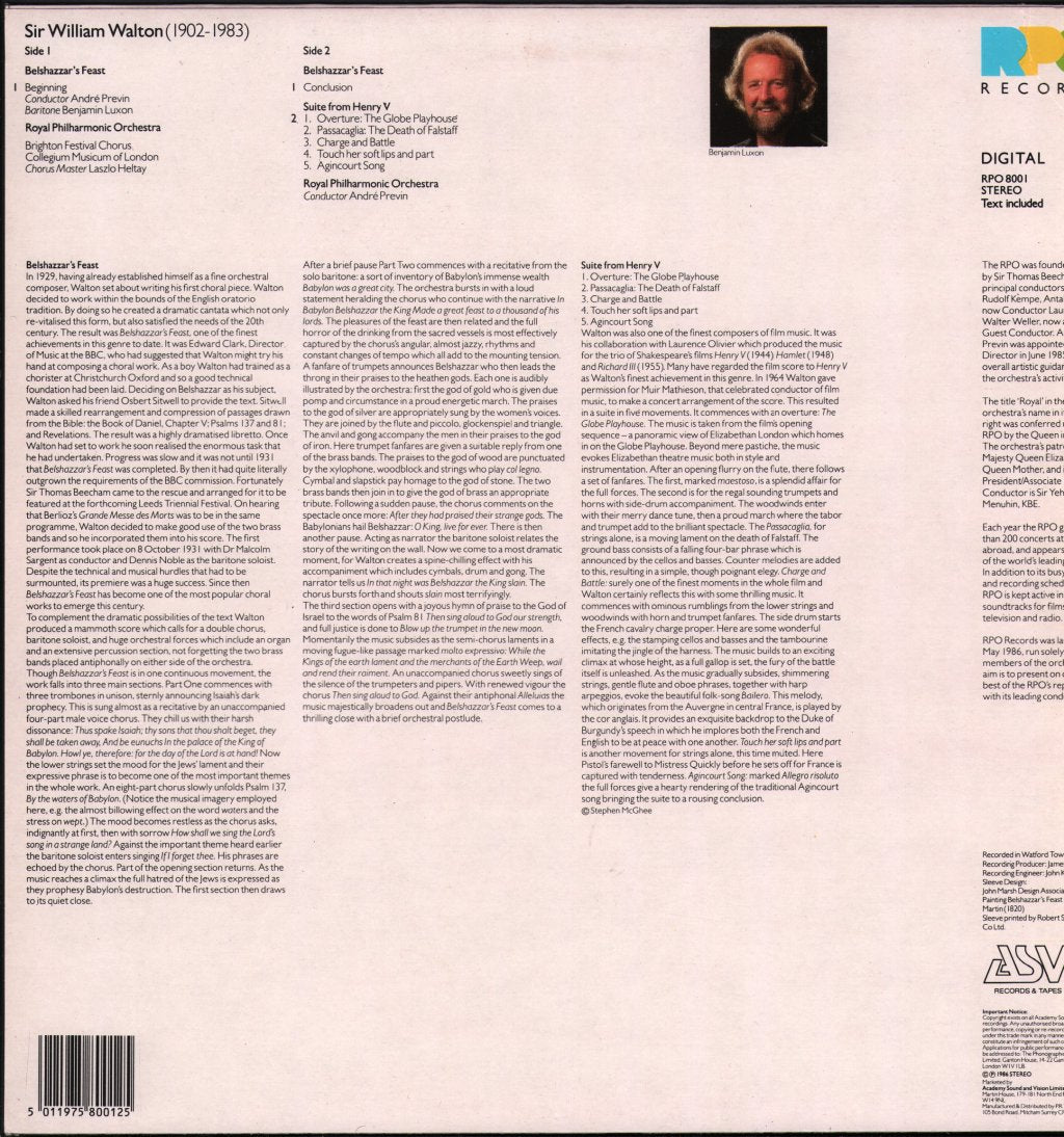Andre Previn / Benjamin Luxon / Royal Philharmonic Orchestra / Brighton Festival Chorus - Walton - Belshazzar's Feast / Suite From Henry V - Lp