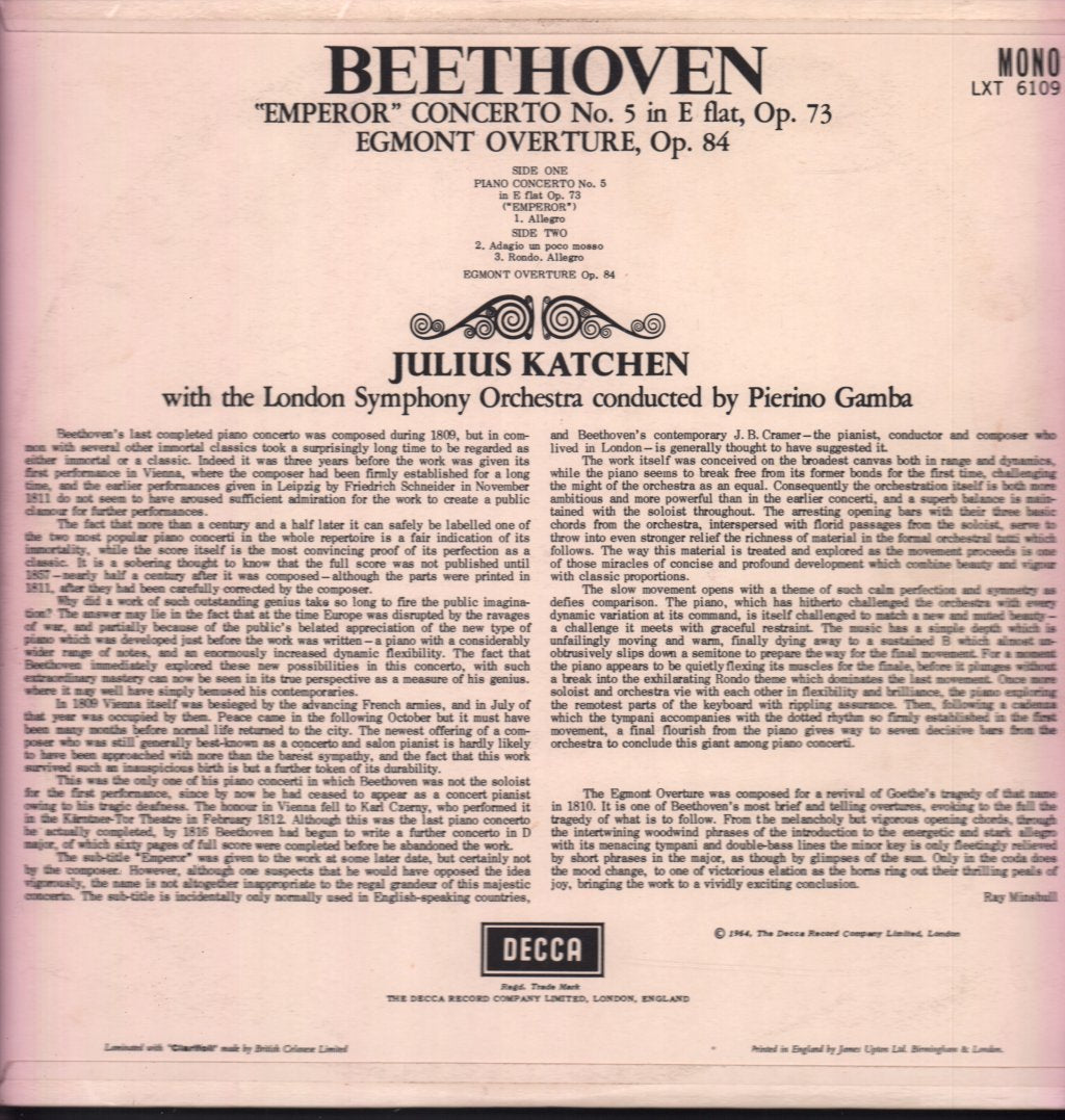 Julius Katchen / London Symphony Orchestra / Pierino Gamba - Beethoven Piano Concerto No.5 in E flat Emperor - Lp