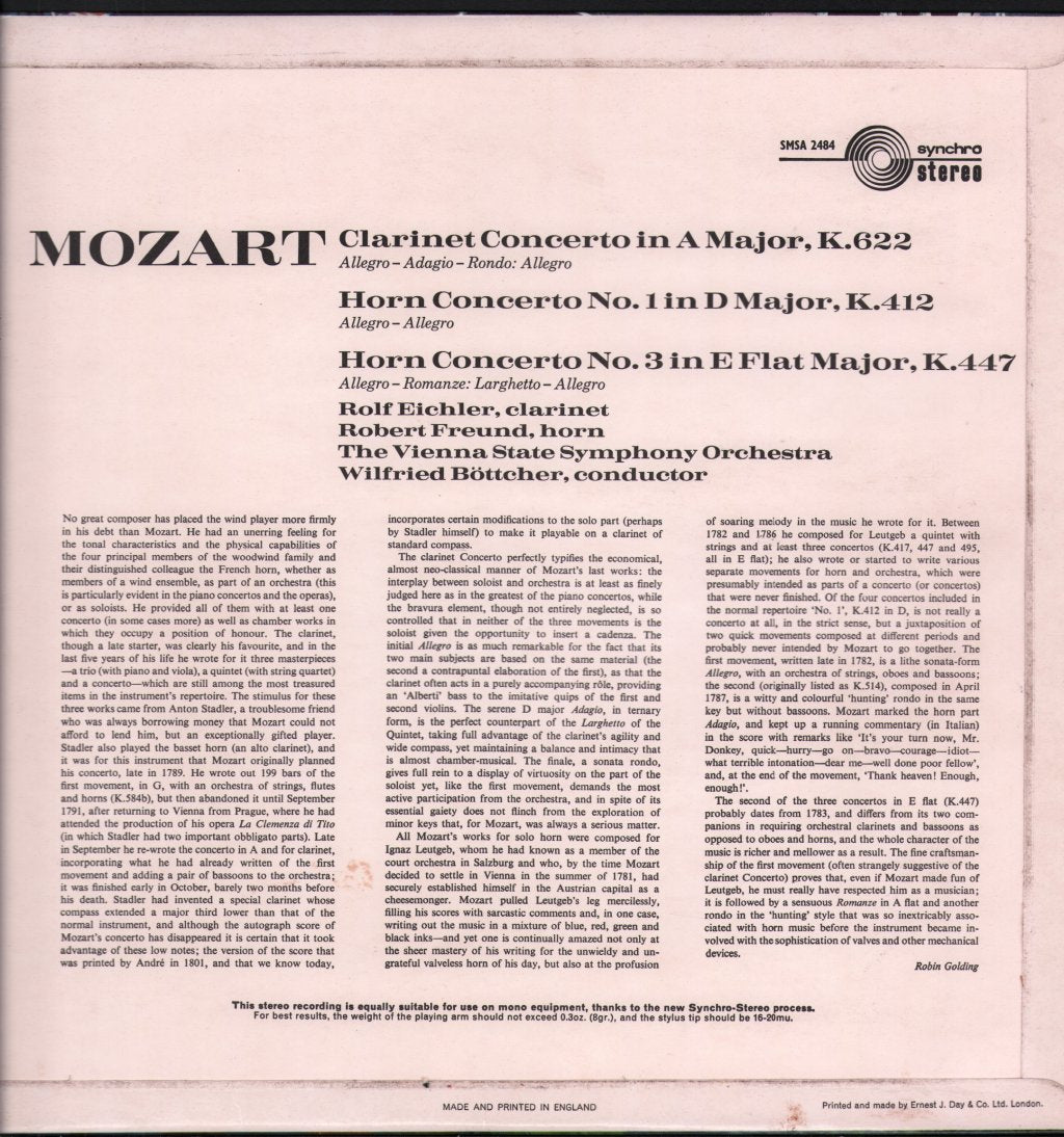 Vienna State Symphony Orchestra / Rolf Eichler / Robert Freund / Wilfried Bottcher - Mozart - Clarinet Concerto / Horn Concerto No.1 / Horn Concerto No. 3 - Lp
