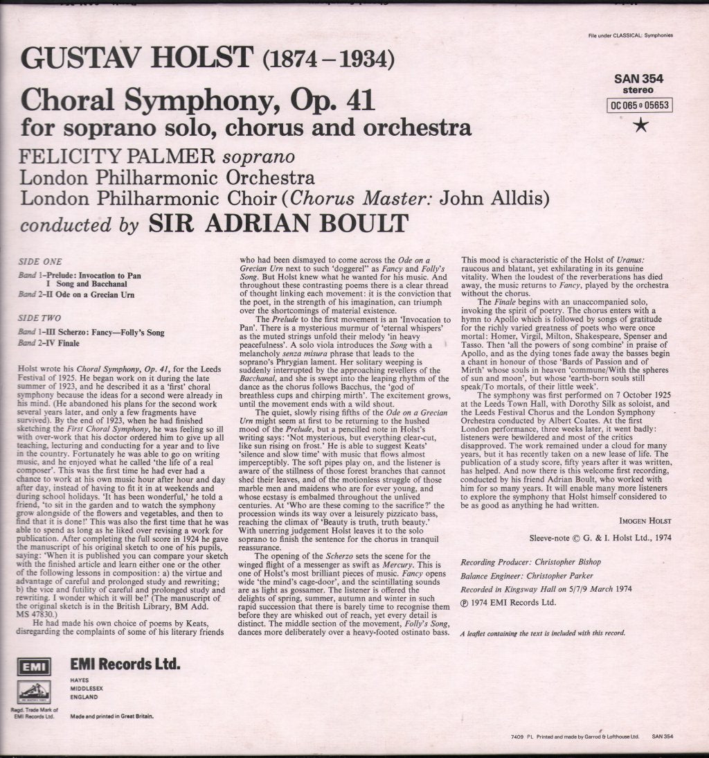 Sir Adrian Boult / London Philharmonic Orchestra / Felicity Palmer - Holst Choral Symphony - Lp