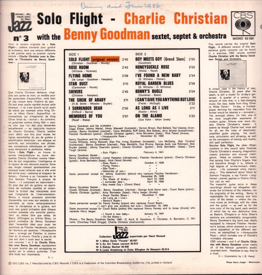 benny goodman sextet septet and orchestra - Solo Flight - Lp