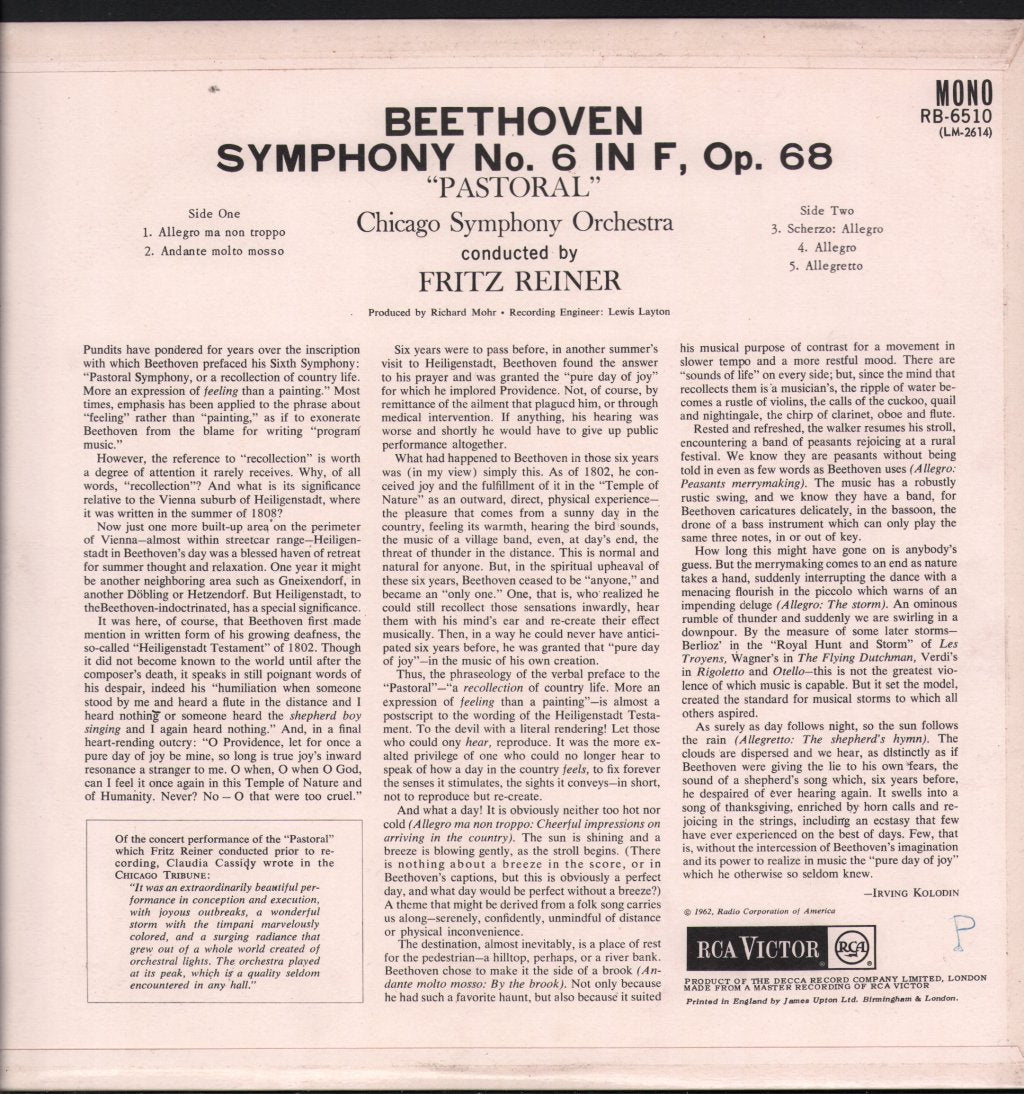 Fritz Reiner / Chicago Symphony Orchestra - Beethoven - "Pastoral" Symphony - Lp
