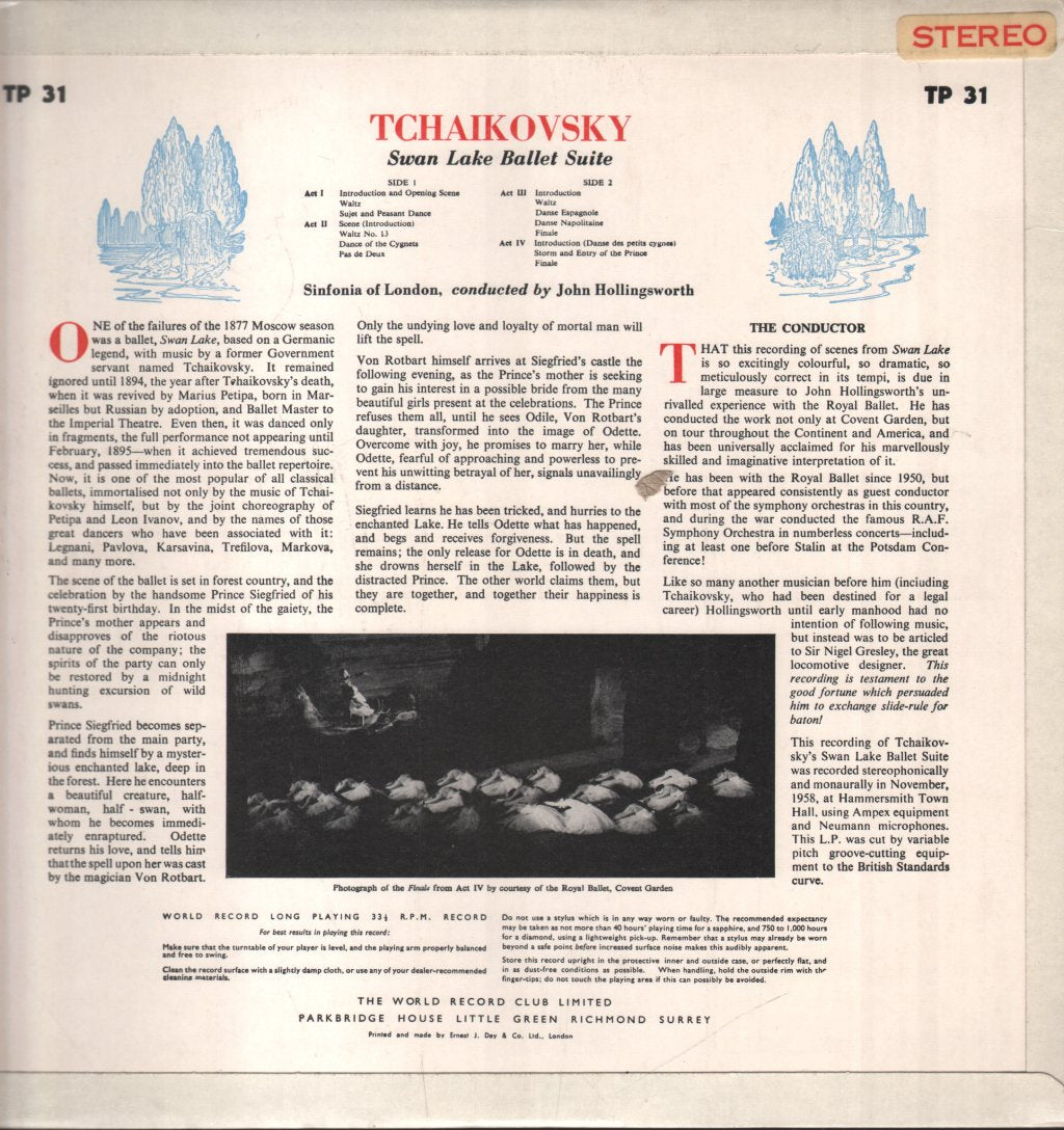 Sinfonia Of London / John Hollingsworth - Tchaikovsky - Swan Lake - Ballet Suite - Lp