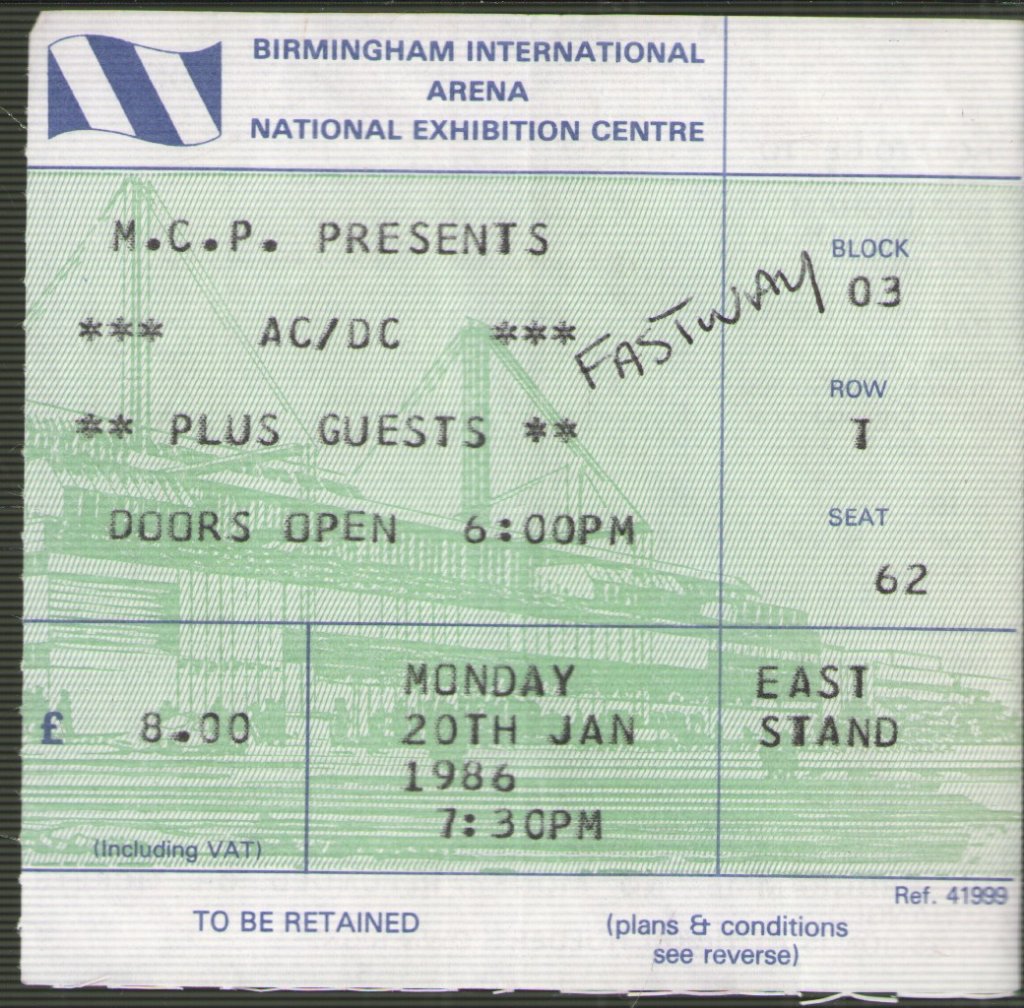 Ac/Dc/Fastway - Birmingham Nec 20/1/86 - Ticket
