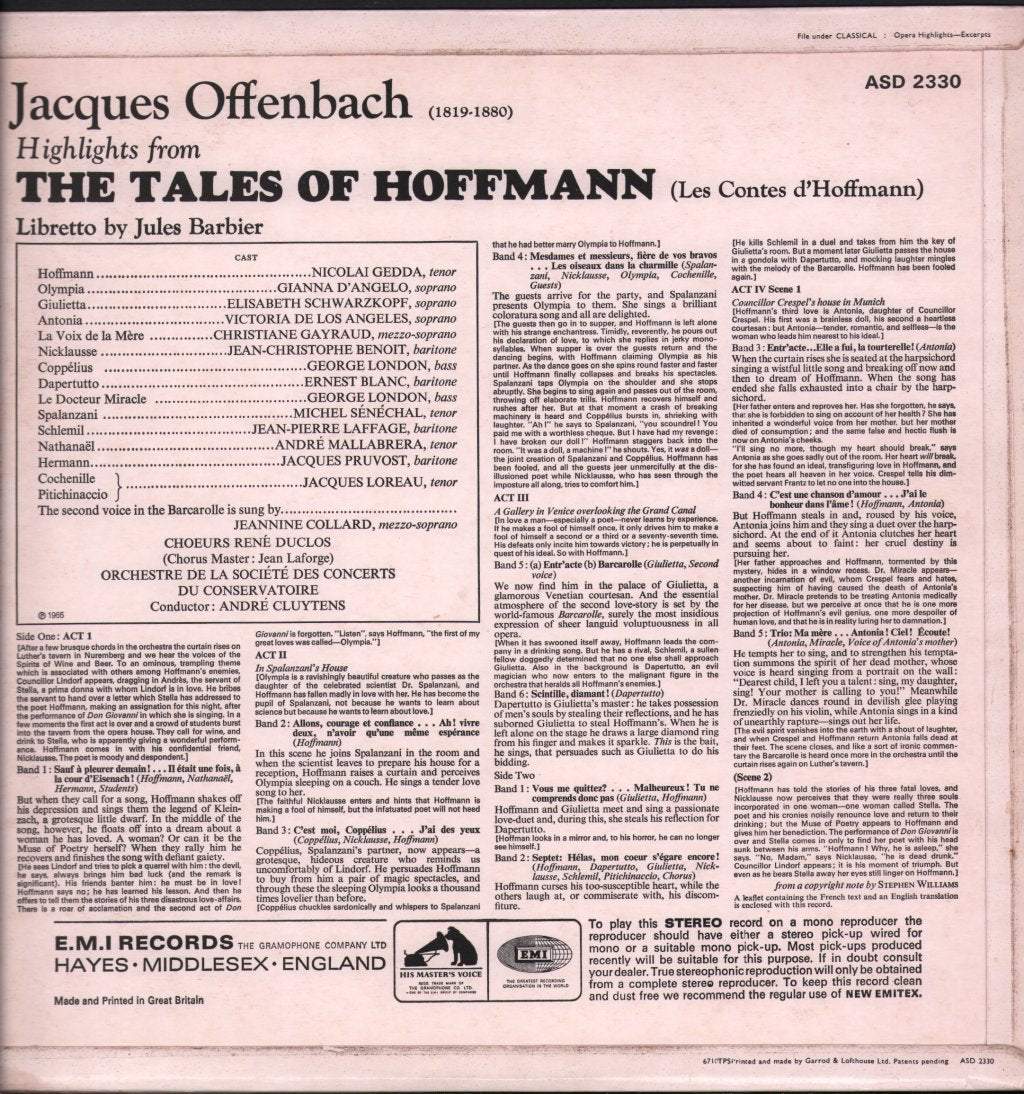 Nicolai Gedda / Gianna D'Angelo / Elisabeth Schwarzkopf / Victoria De Los Angeles / Andre Cluytens - Offenbach - Tales Of Hoffmann Highlights - Lp